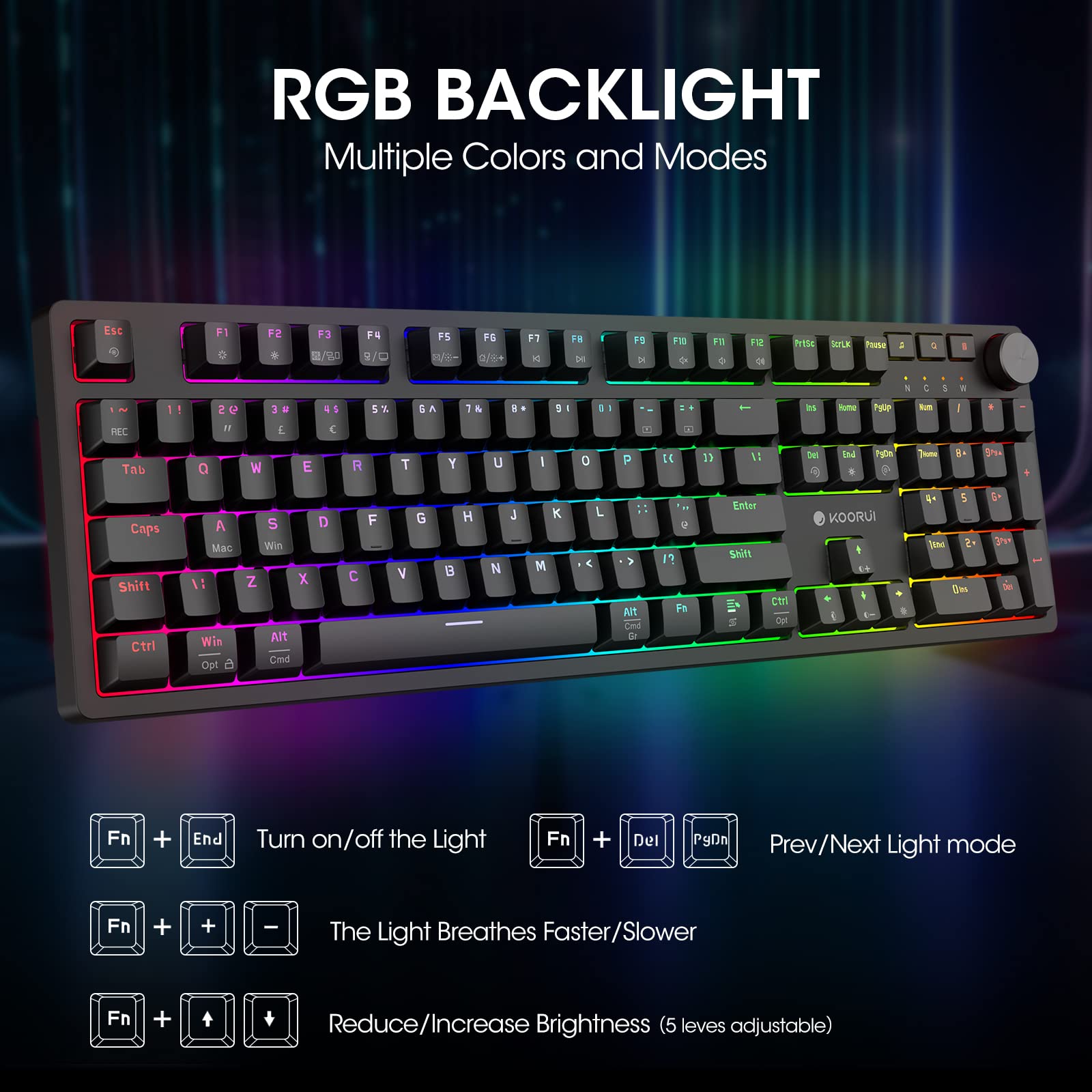 KOORUI MK104-RED Mechanical Gaming Keyboard – 104 Keys, 26 RGB Backlighting Effects, Pluggable Switches, Anti-Ghosting, Wired for PC & Mac 6