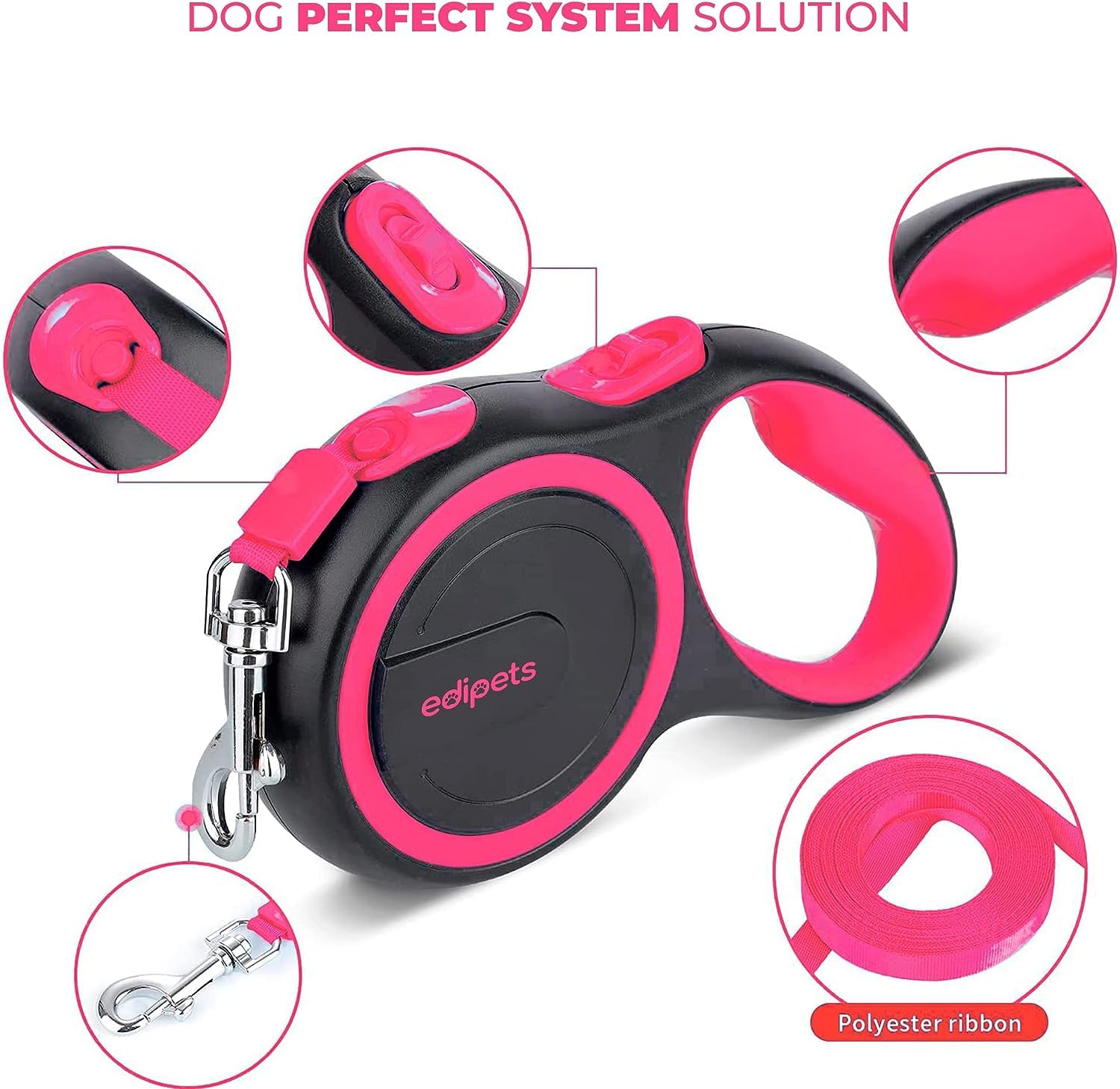 Edipets Extendable Dog Leash - Retractable Nylon Lead | 8 Metres | Pink