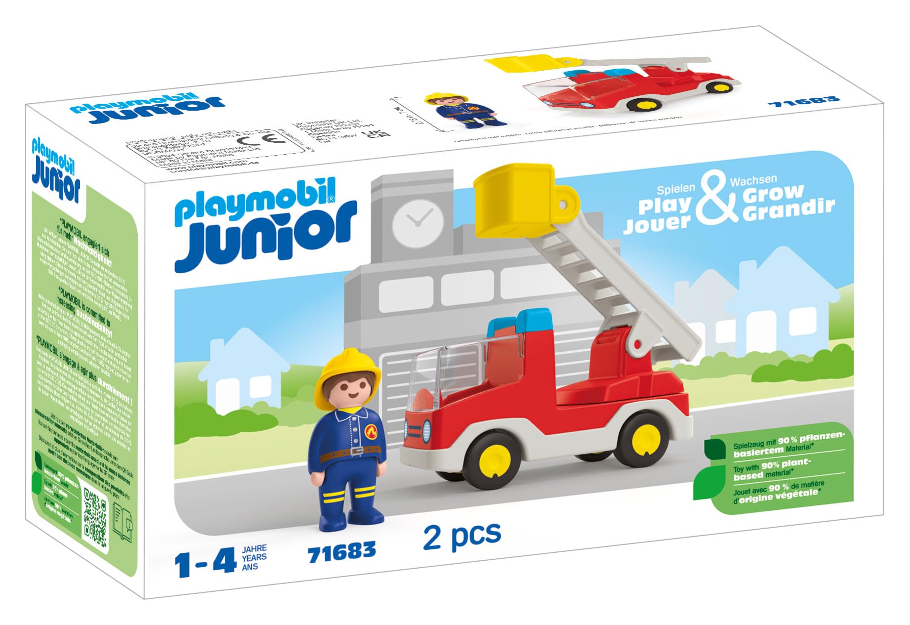 PLAYMOBIL 71683 JUNIOR Ladder Unit Fire Truck - 360° Swiveling Ladder Rescue Vehicle for Toddlers 8