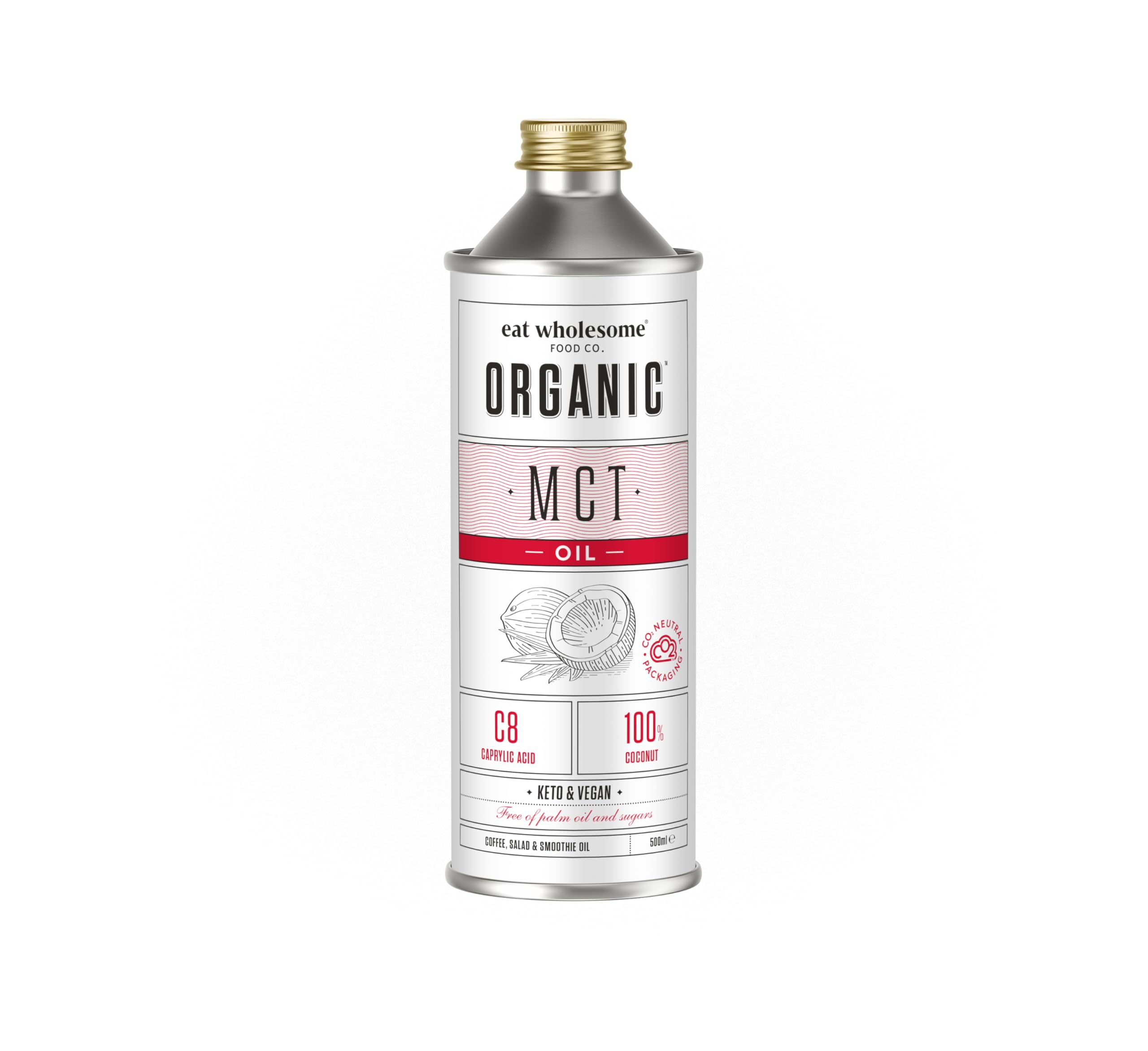 Eat Wholesome Organic MCT Oil 500ml - High C8 & C10, 100% Coconut, Keto & Vegan Friendly, CO2 Neutral