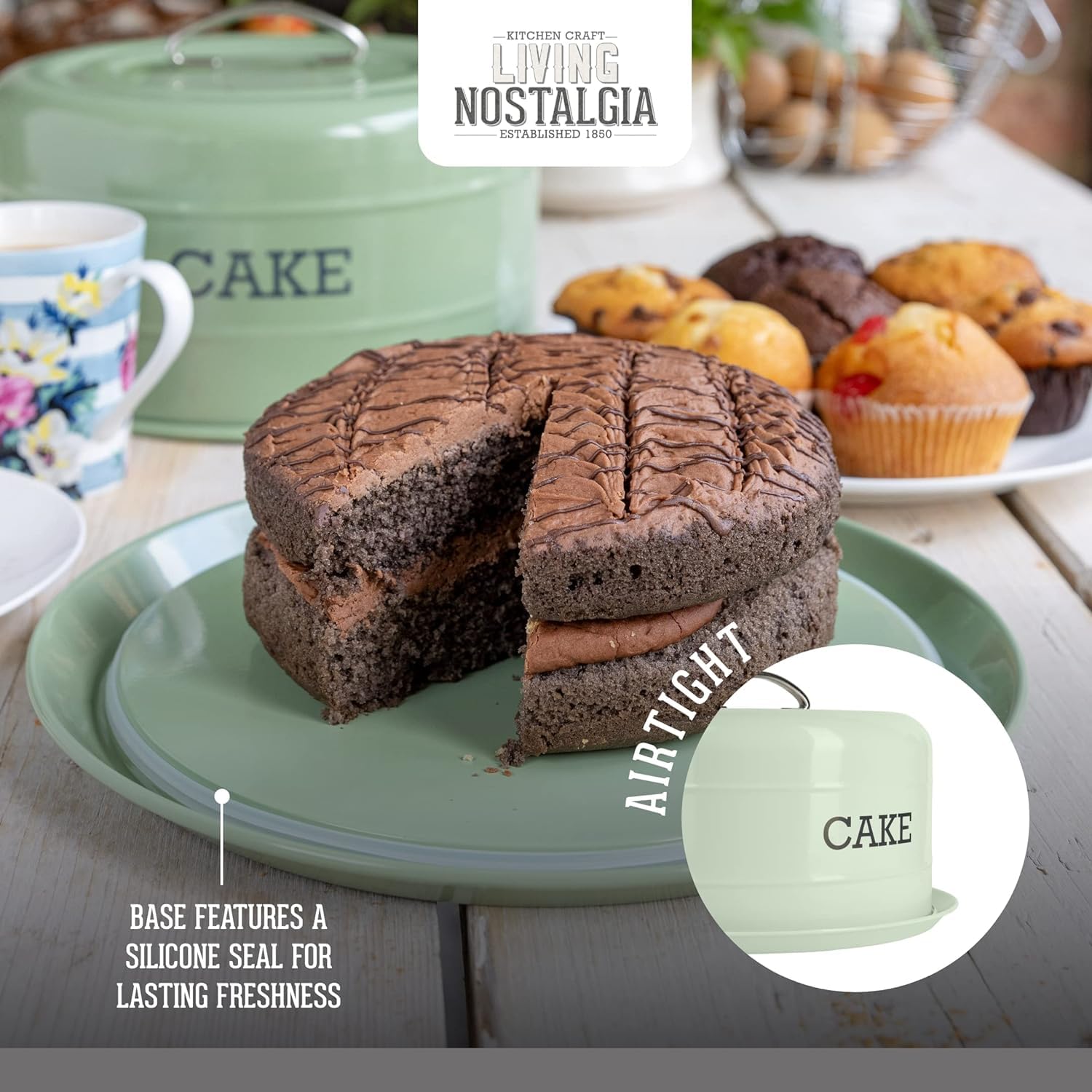KitchenCraft Living Nostalgia Cake Storage Tin - Airtight Cake Dome, 28.5 x 18 cm, English Sage Green 13