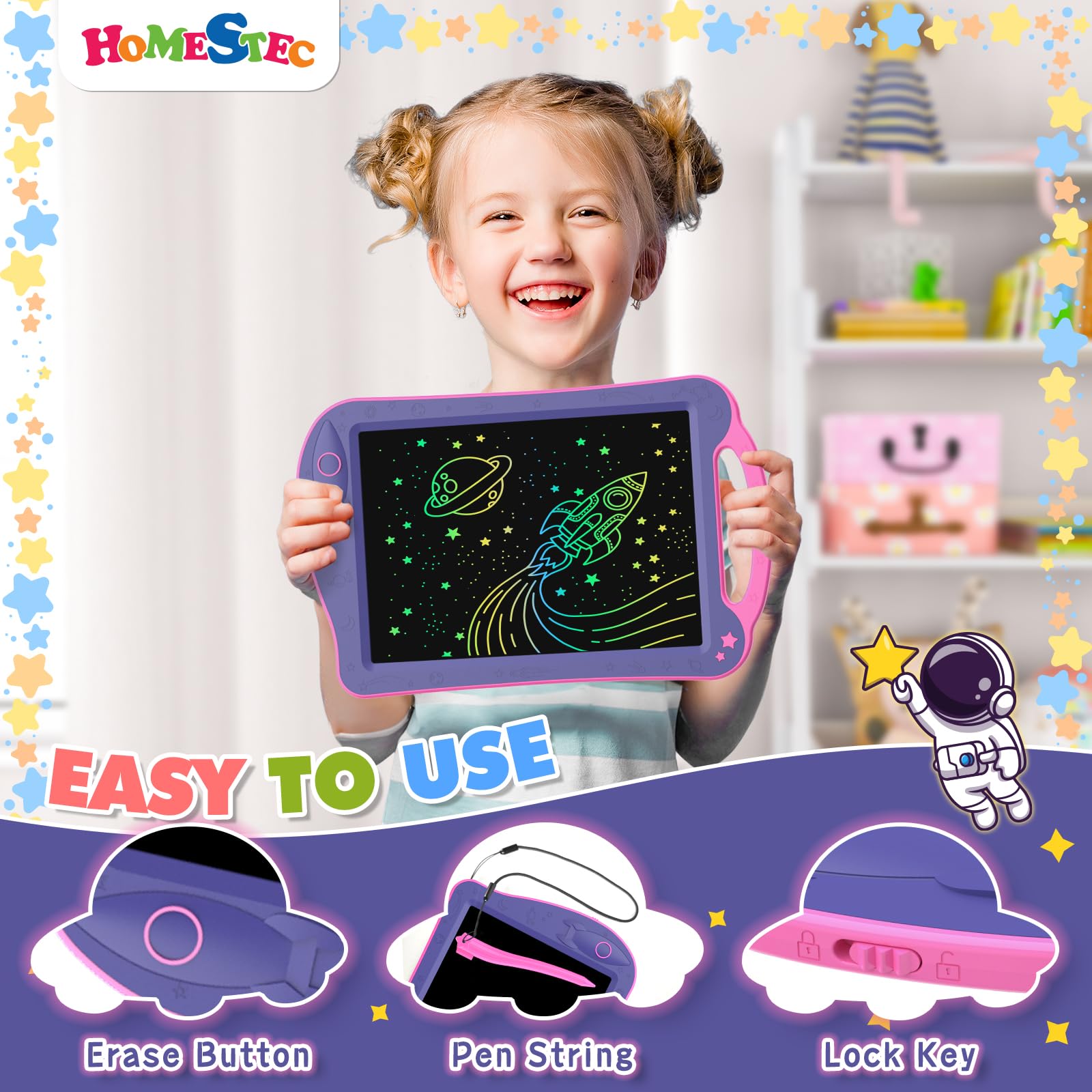 HOMESTEC AstroDraw Space Theme LCD Drawing Tablet for Kids 4