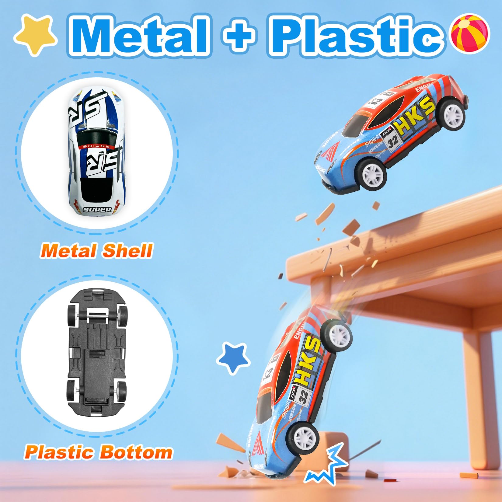 TOYABI Metal Pull Back Race Car Set - 22Pcs Mini Cars with 8 Roadblocks for Kids 3+ 3