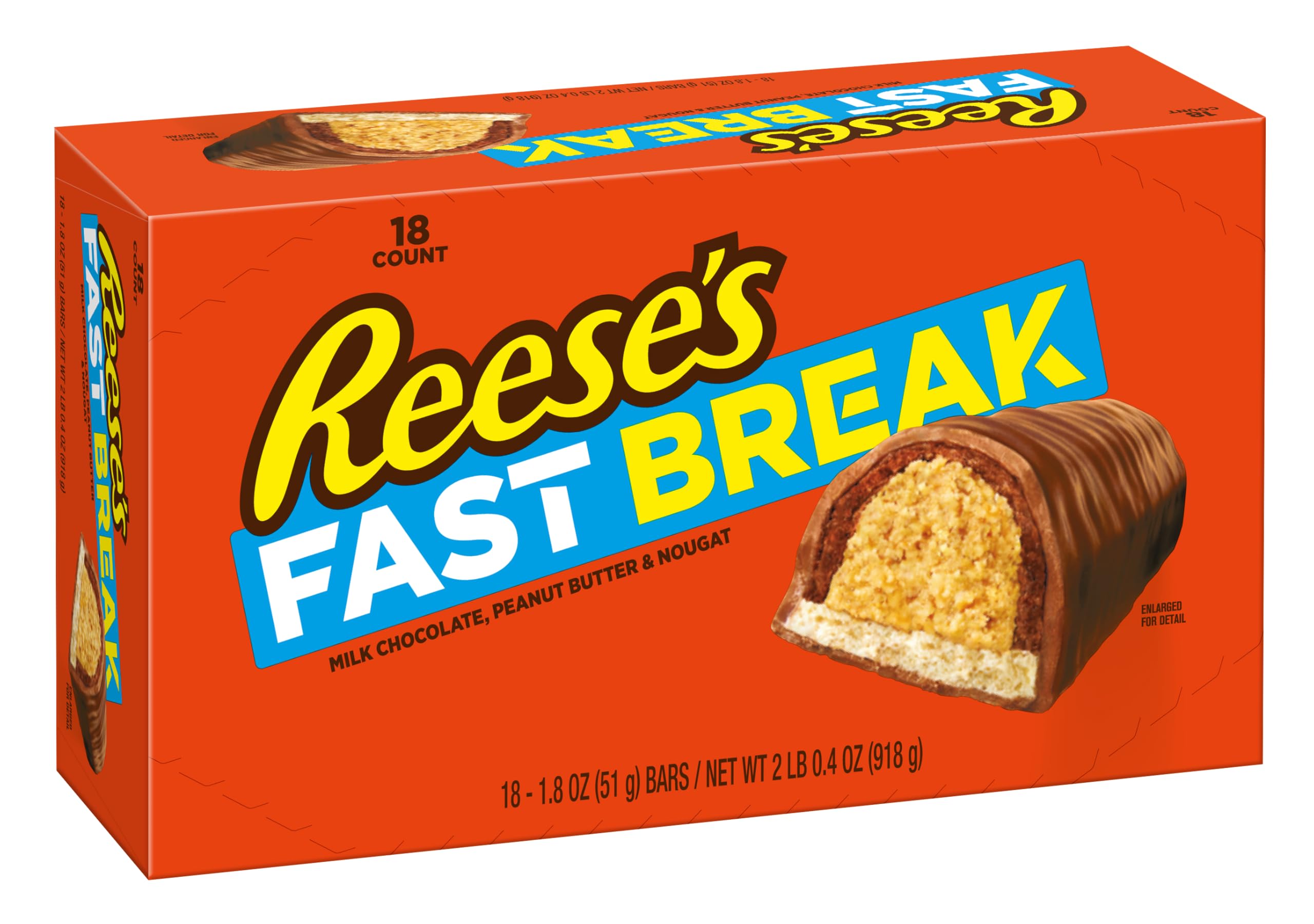 Reese's Fast Break Milk Chocolate, Peanut Butter and Nougat Candy Bars, Pack of 18 x 51g