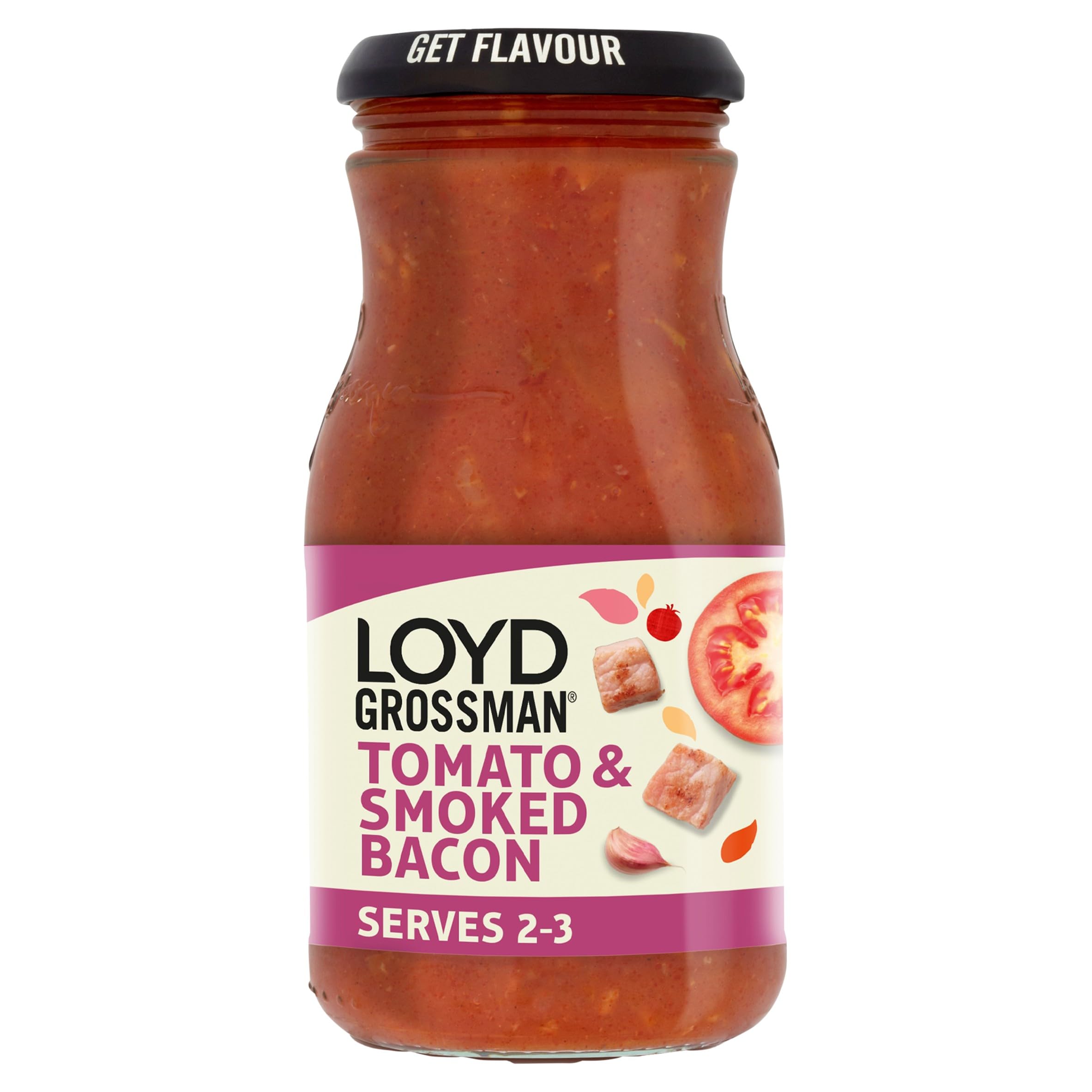 Loyd Grossman Italian Tomato & Smoked Bacon Sauce - Rich Tomato Base with Bacon & Chilli | 350g Jar 1