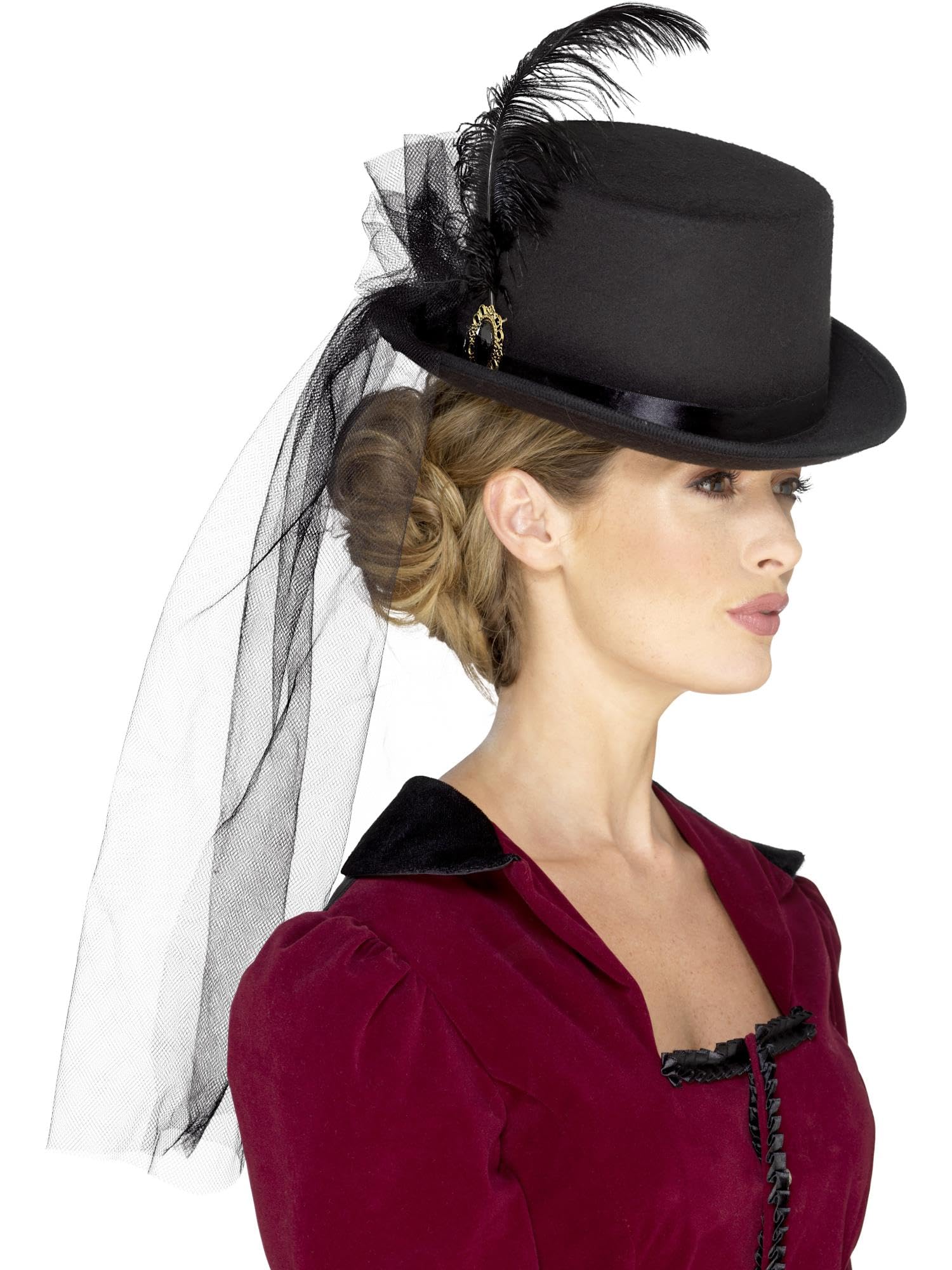 Smiffys Victorian Ladies Top Hat with Veil, Feathers & Brooch - Black Elasticated Historical Fancy Dress Hat