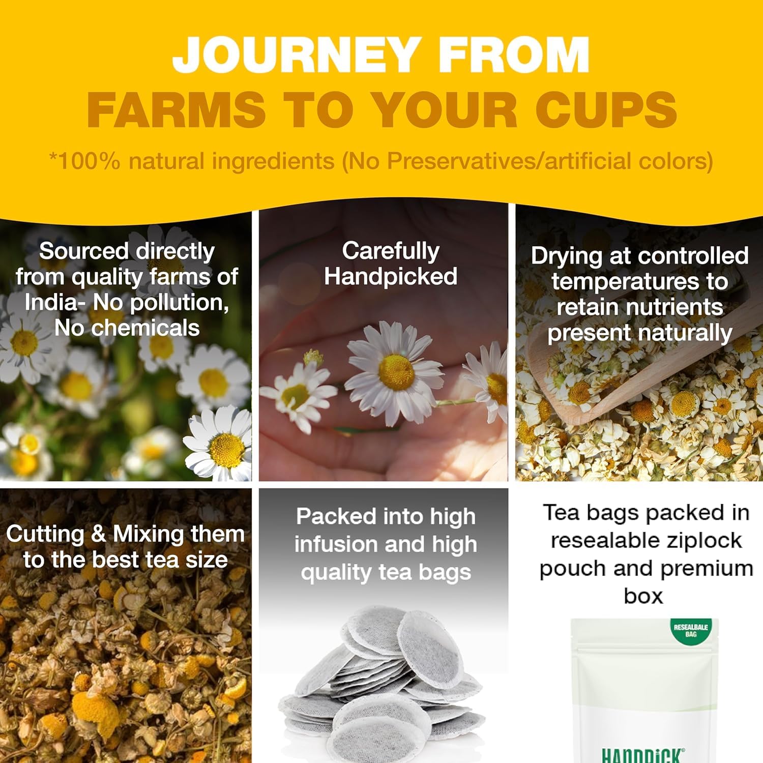 HANDPICK Chamomile Tea Bags (100 Herbal Tea Bags) Caffeine Free | Floral 9