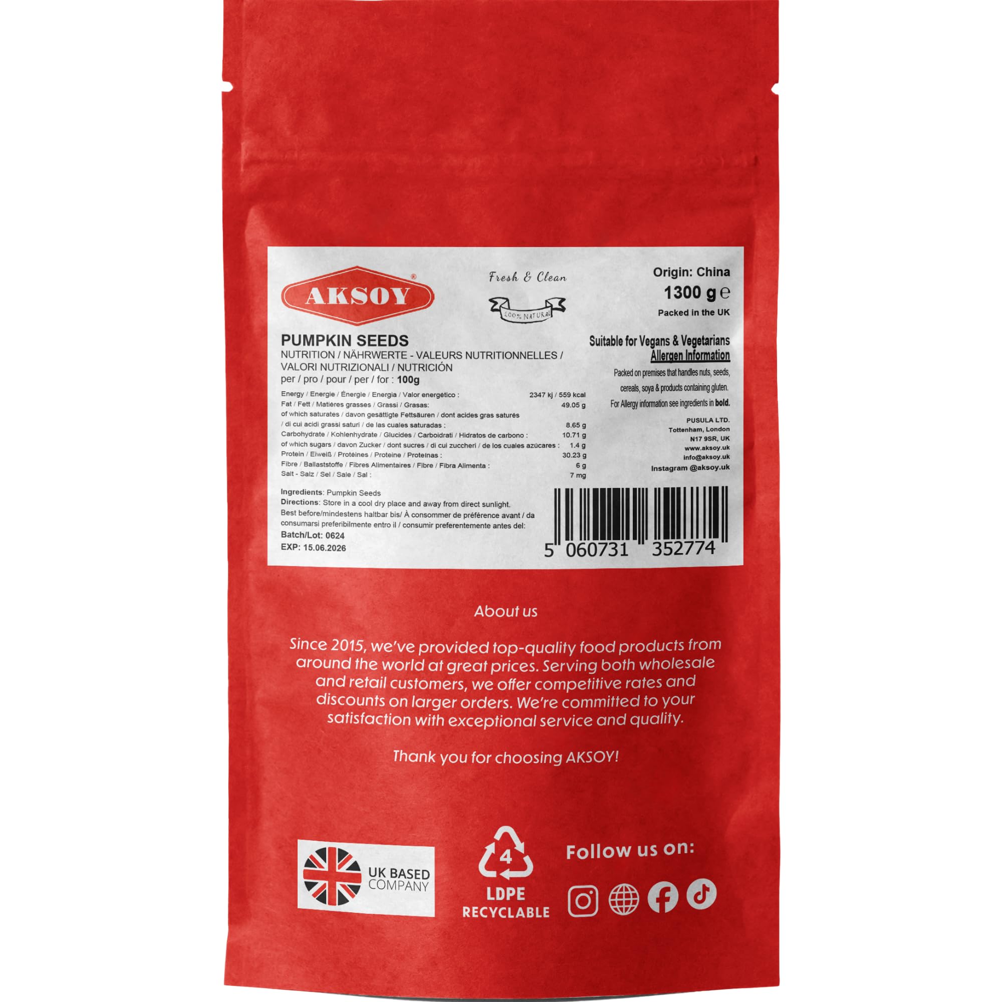AKSOY Raw Pumpkin Seeds - 1300g | GMO-Free, Vegan, High Protein & Fiber 6