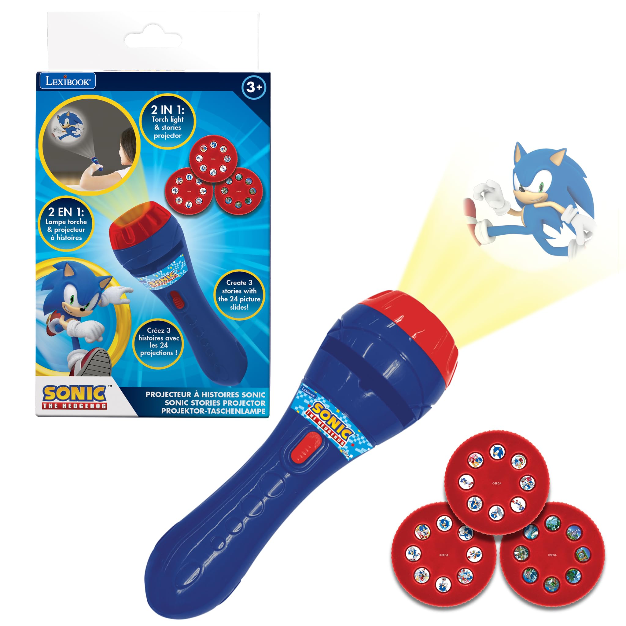 Lexibook SEGA Sonic The Hedgehog Story Projector & Torch Light - 24 Images, 3 Discs, Ages 3+