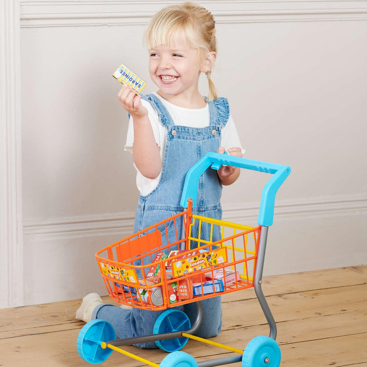 Casdon Supermarket Shopping Trolley - Orange & Blue, Pretend Food Included | Ages 3+