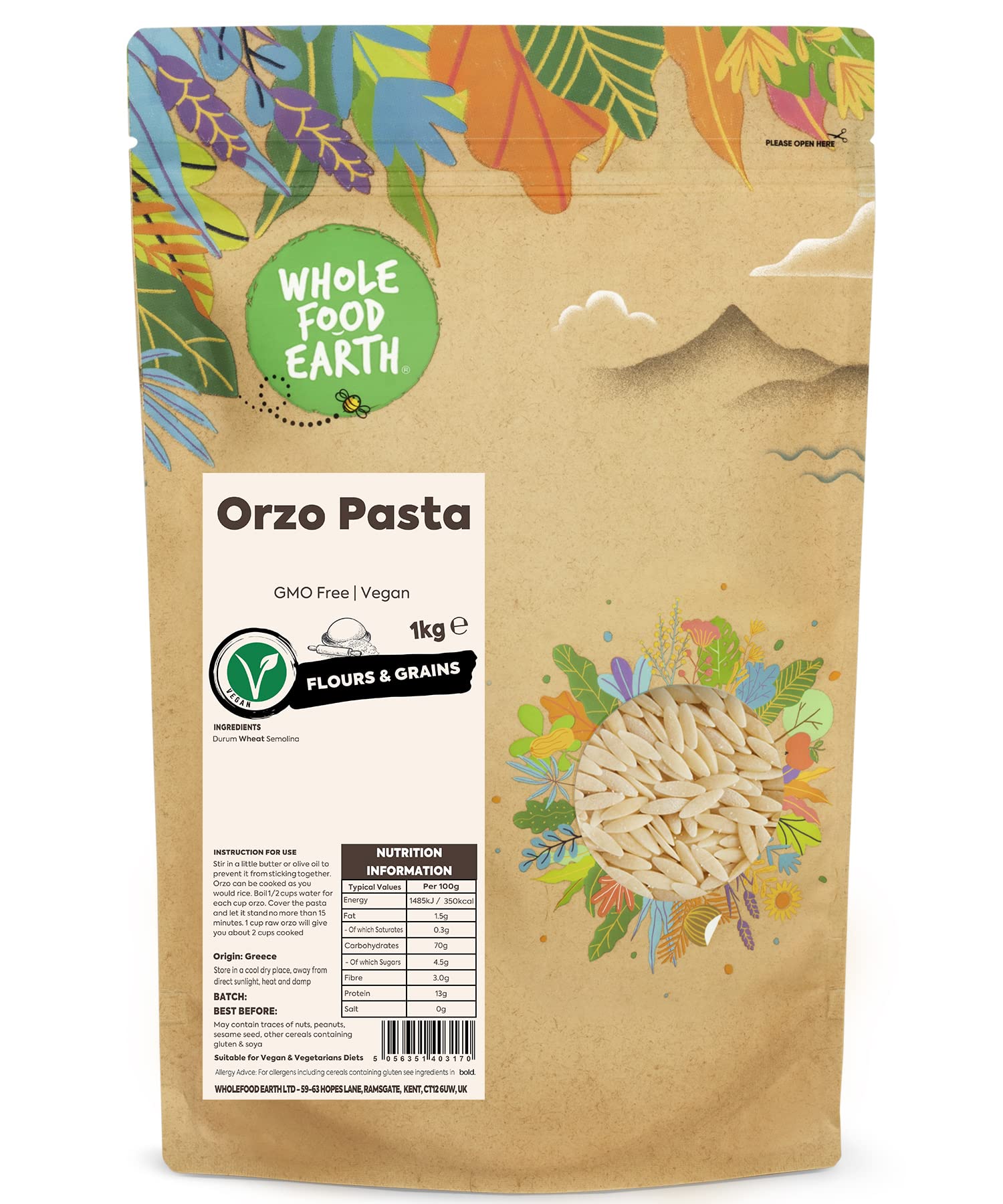 Wholefood Earth Orzo Pasta 1 kg - GMO-Free Short-Cut Rice-Shaped Pasta