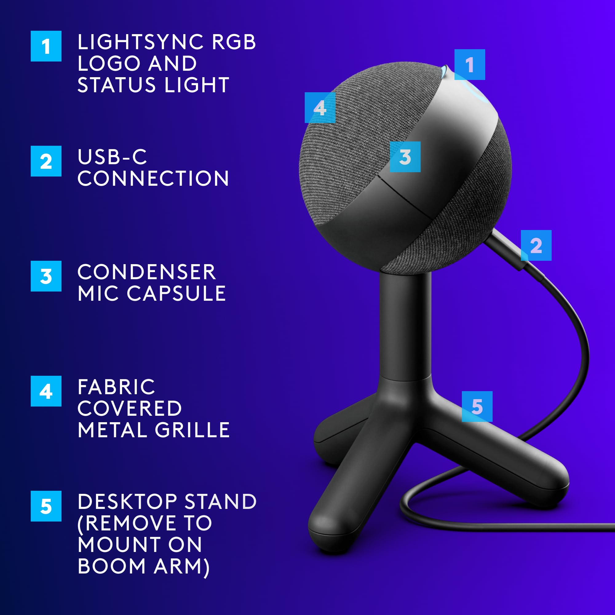 Logitech G Yeti Orb Condenser RGB Gaming Microphone with LIGHTSYNC USB Mic 5