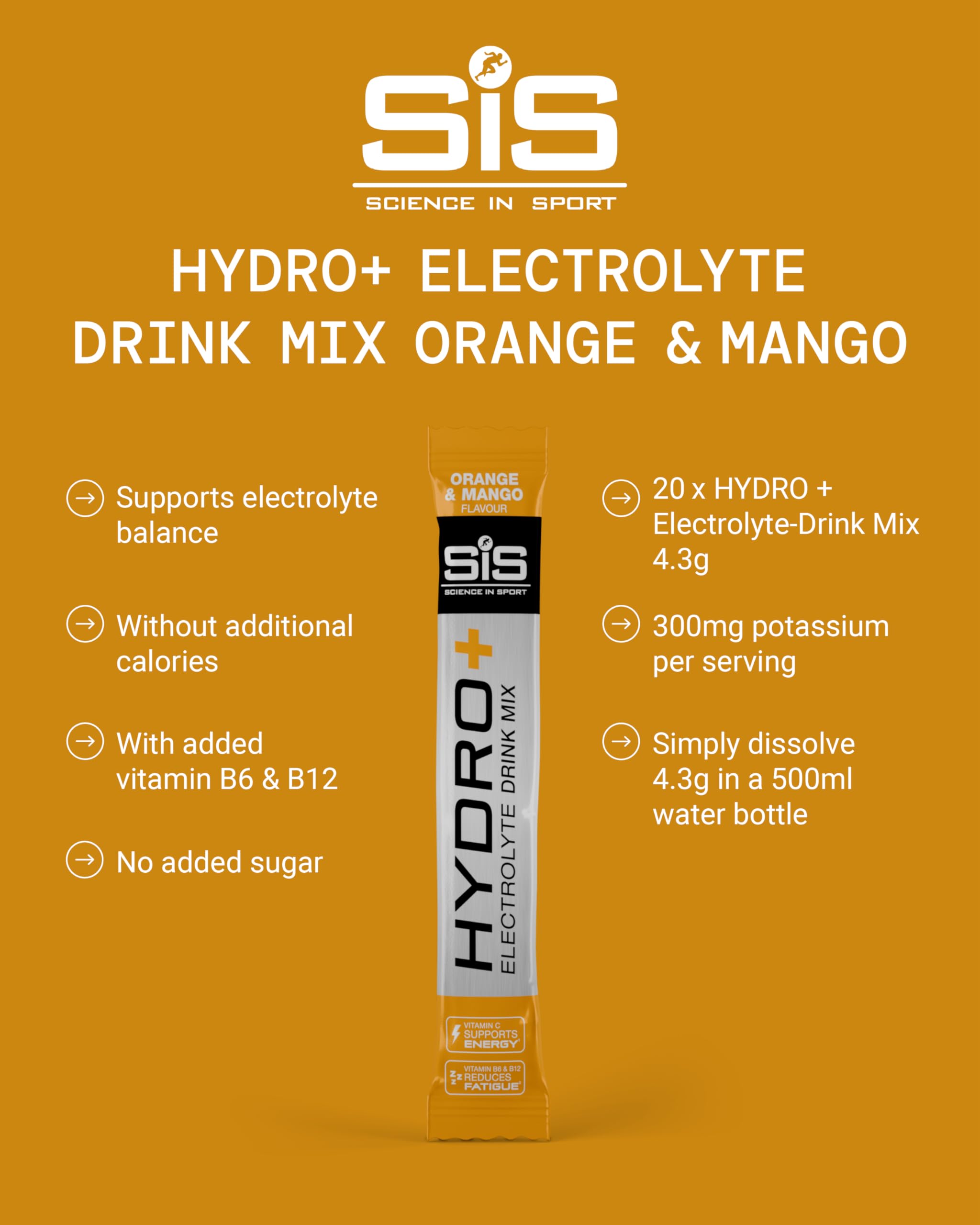 Science in Sport Hydro+ Electrolytes Powder Sachets - 20 Servings | Orange Mango | Supports Electrolyte Balance