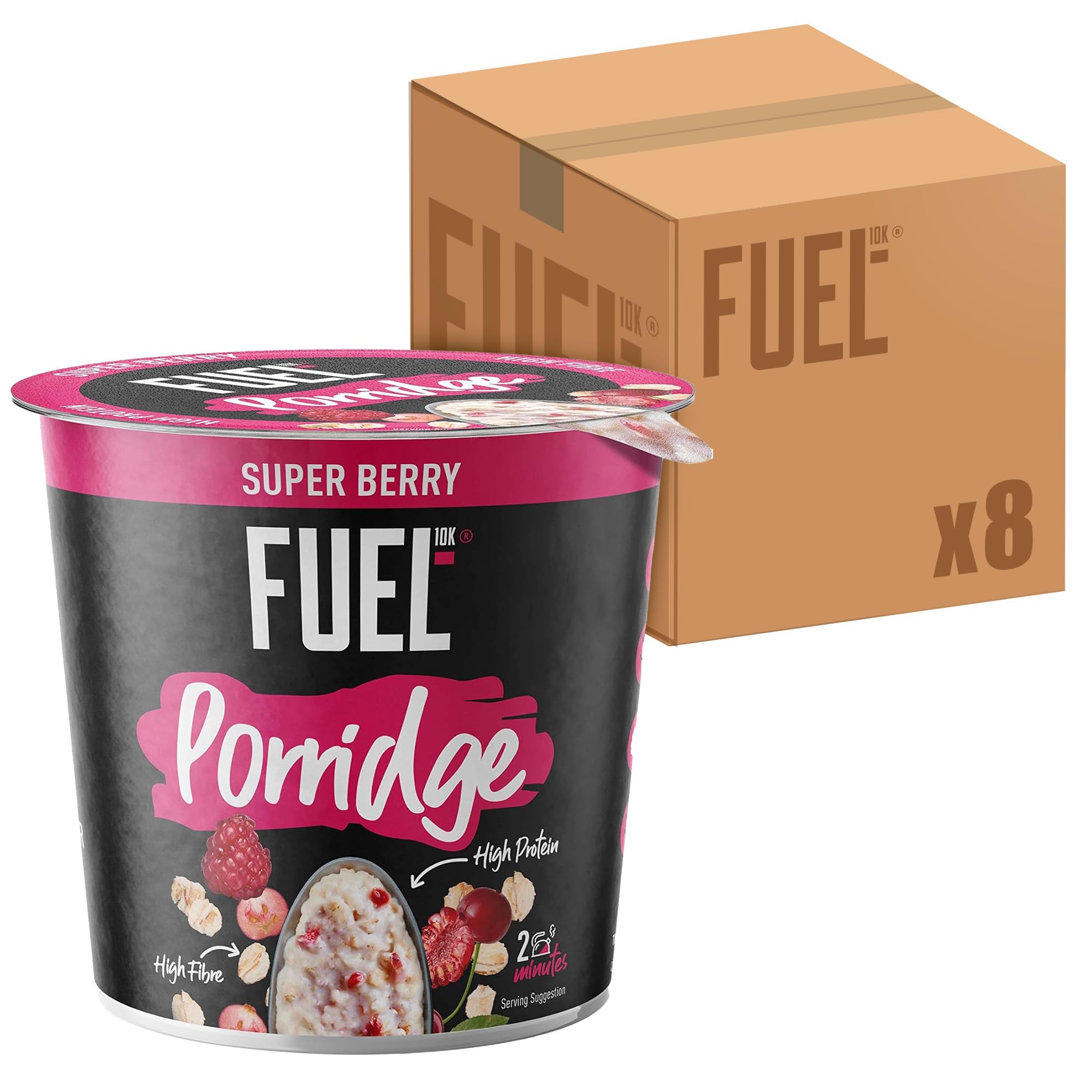 FUEL10K High Protein Super Berry Porridge Oat Cereal Pot, 70 g (Pack of 8)