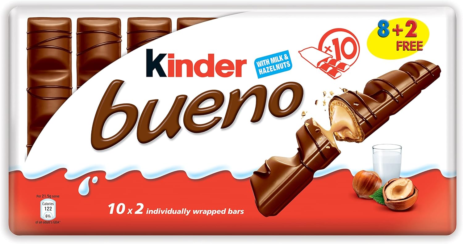 Kinder Bueno Milk Chocolate & Hazelnuts Multipack, 10 x 43g (430g) – Individually Wrapped Chocolate Bars with Crispy Wafer and Creamy Hazelnut Filling