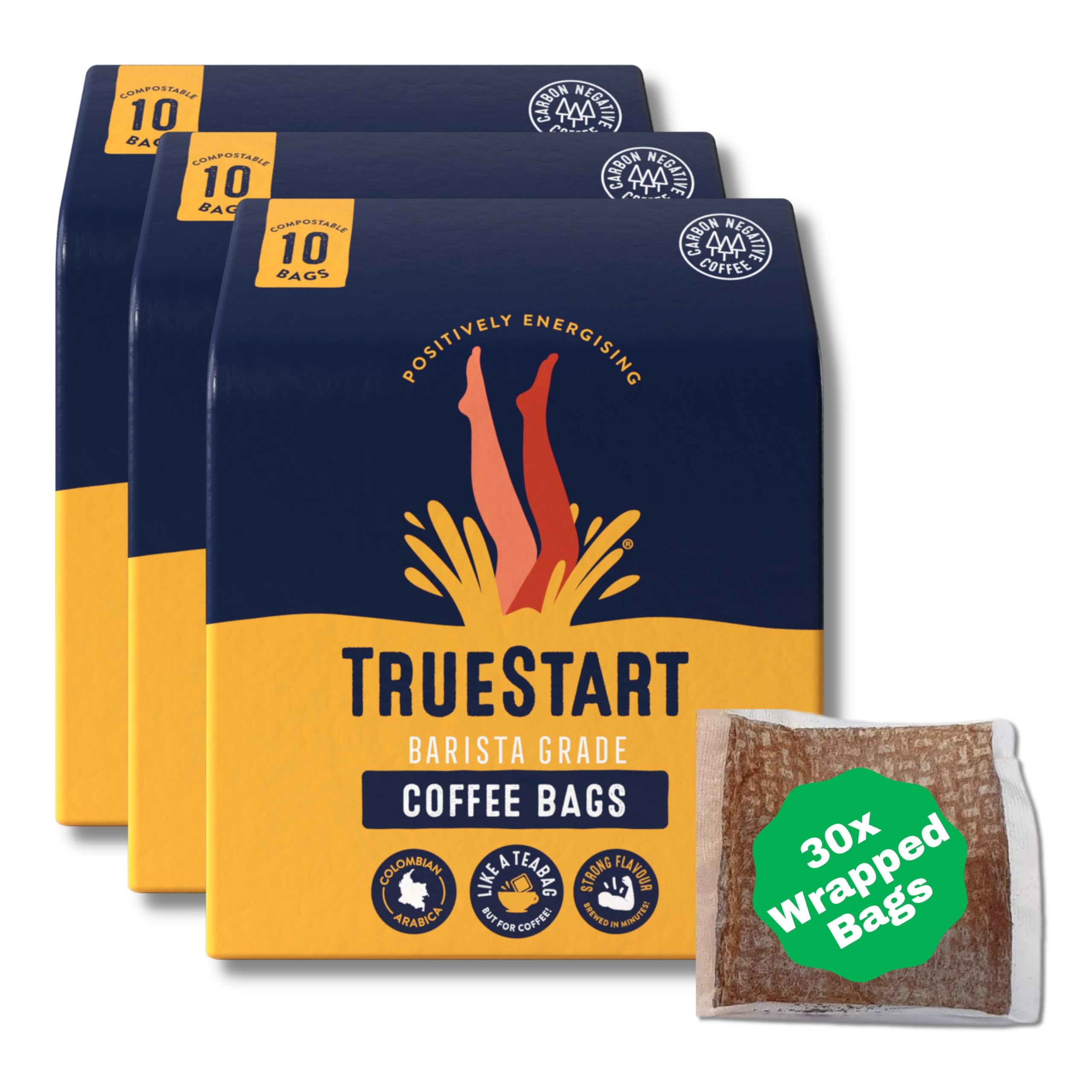 TrueStart Smooth Energising Colombian Arabica Coffee Bags – 30 Individually Wrapped, Mycotoxin-Free, Gluten-Free, Rich in Antioxidants
