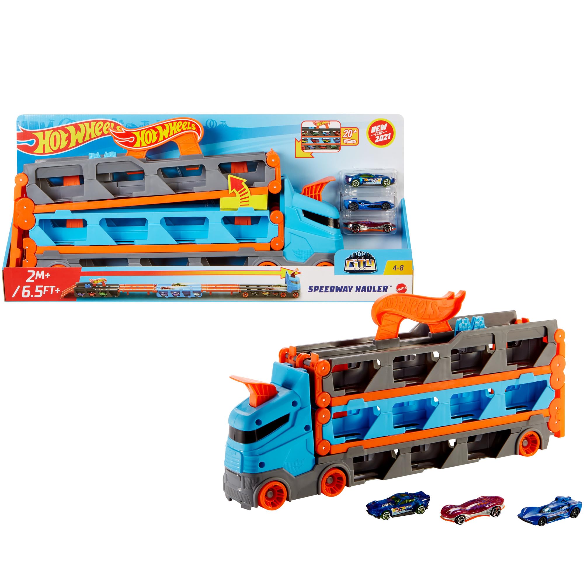 Hot Wheels Speedway Hauler Storage Carrier with 3 Cars & 6-Foot Race Track HGH33