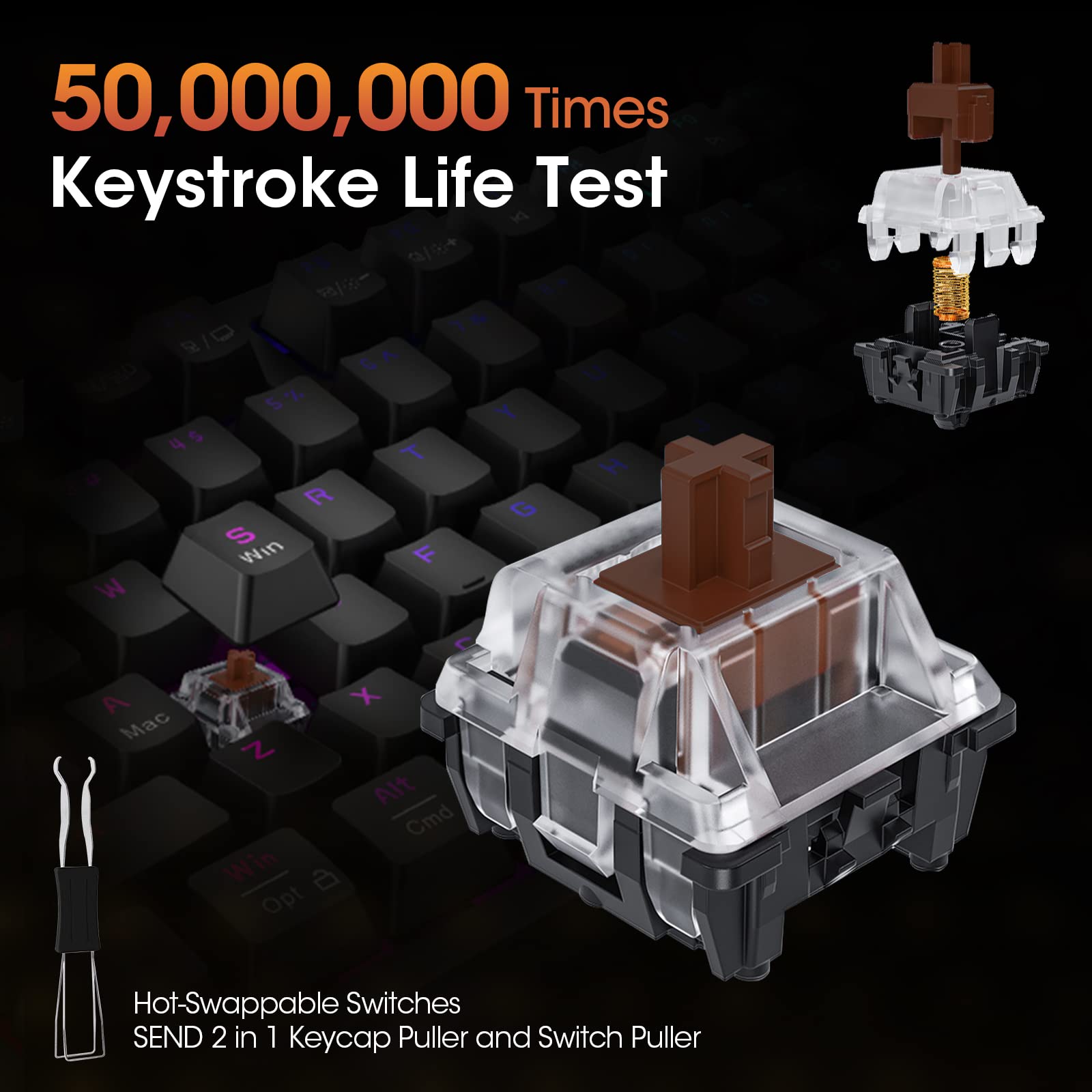 KOORUI MK104-BROWN Mechanical Gaming Keyboard – 104 Keys, 26 RGB Backlighting Effects, Pluggable Brown Switches, Anti-Ghosting, Wired for PC & Mac 6