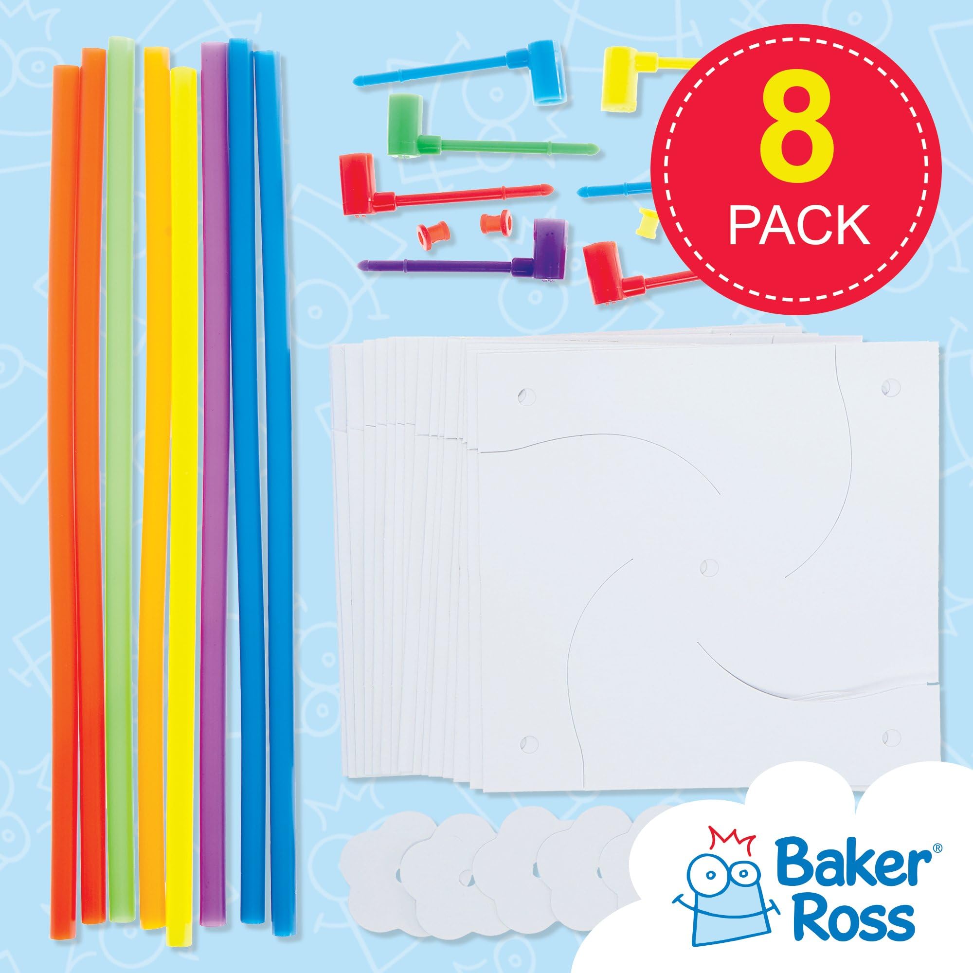 Baker Ross Windmill Craft Activity Pack - Make Your Own Pinwheel Kit for Kids to Decorate | Pack of 8 | Ages 3+