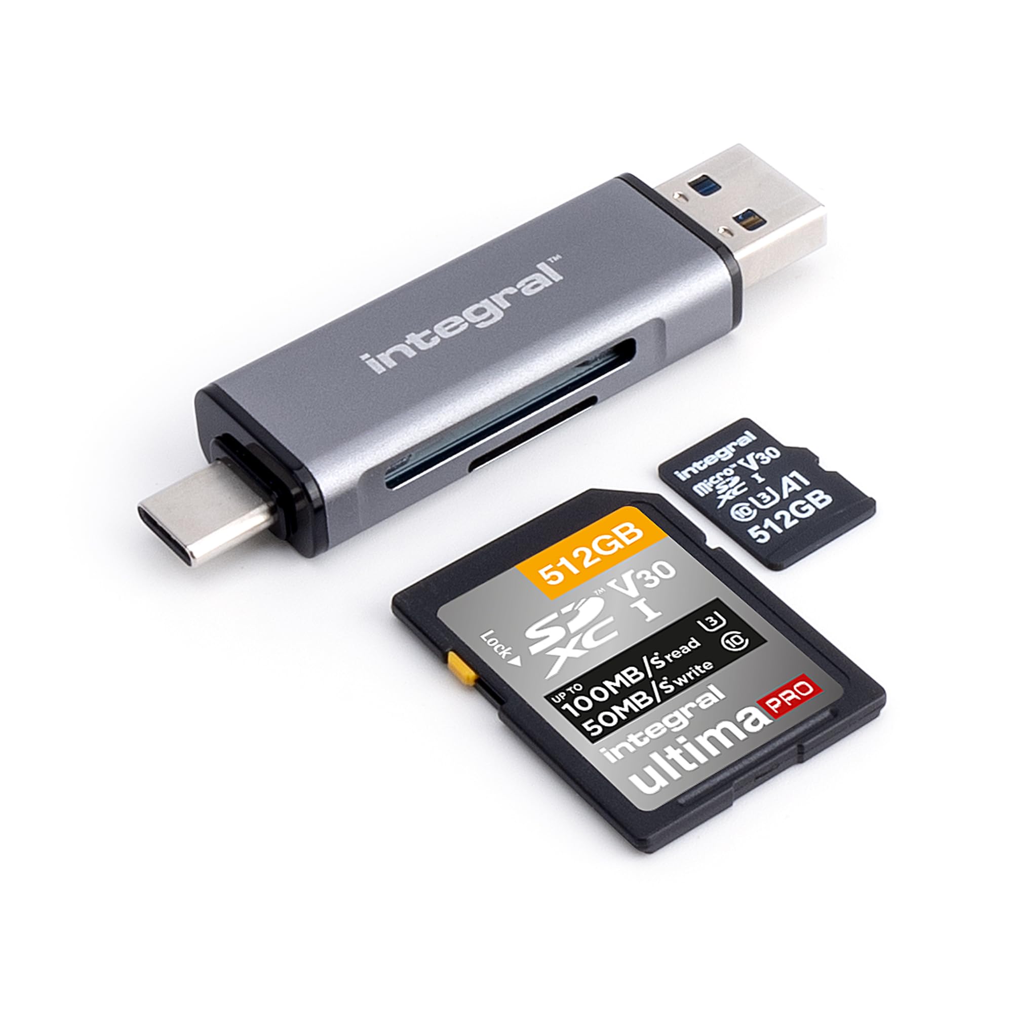 Integral Dual USB 3.0 & USB C microSD/SD Card Reader - INCRUSB3.2ACSDMSDR