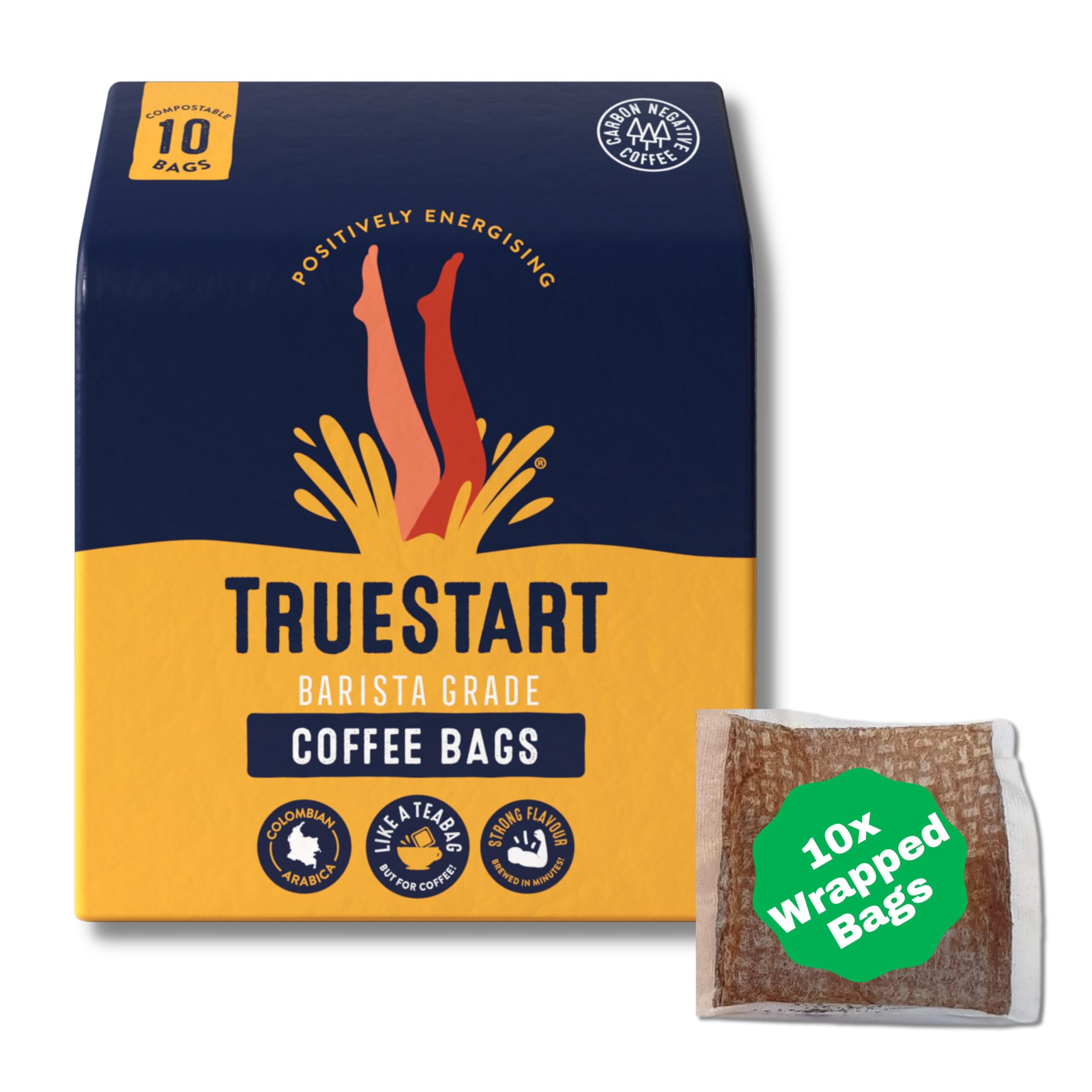 TrueStart - Smooth Energising Colombian Arabica Coffee Bags (10-Pack), Mycotoxin-Free, Gluten-Free, Rich in Antioxidants