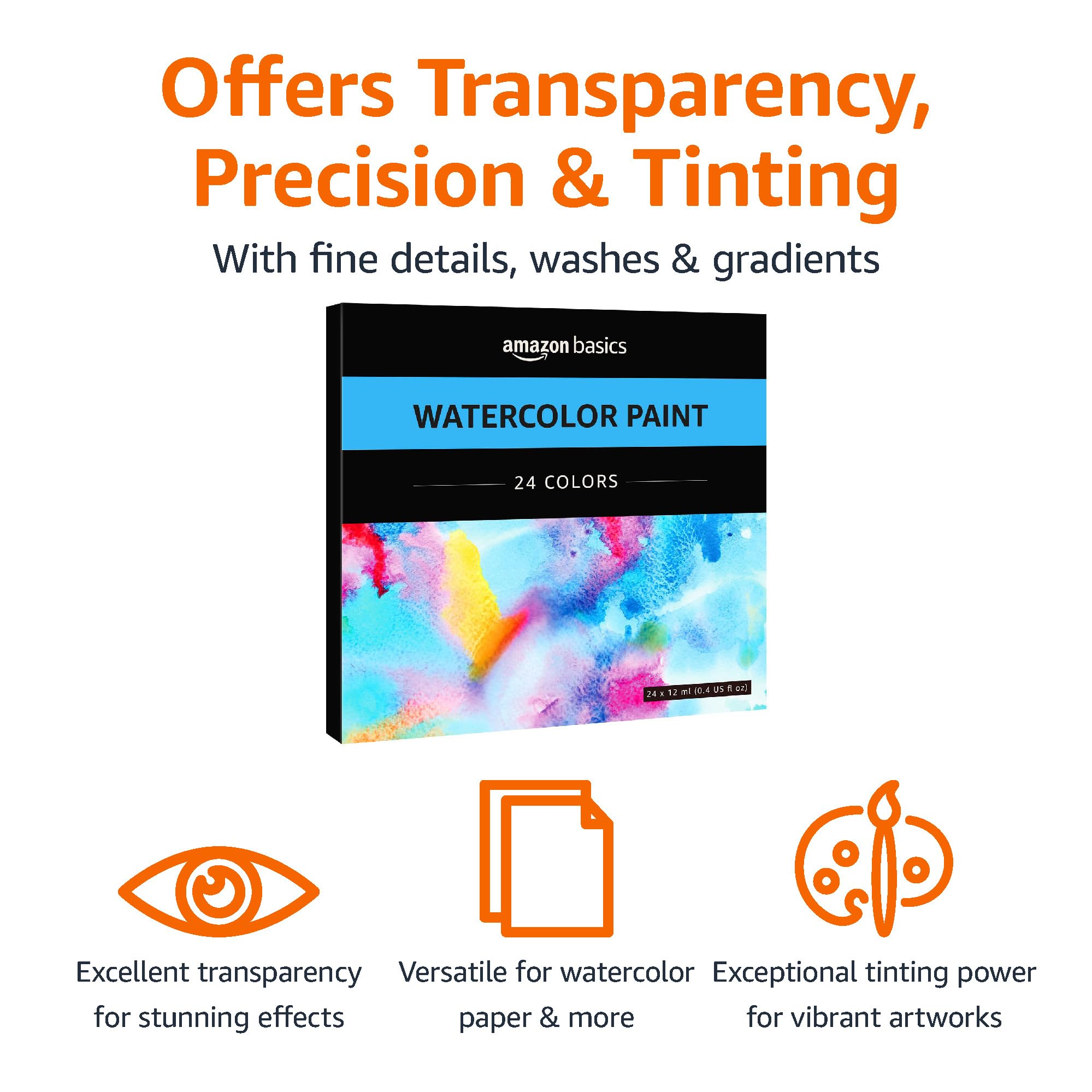 Amazon Basics Watercolour Paint Set - 24 Vibrant Tubes (12 ml Each) | Rich Hues | Good Transparency