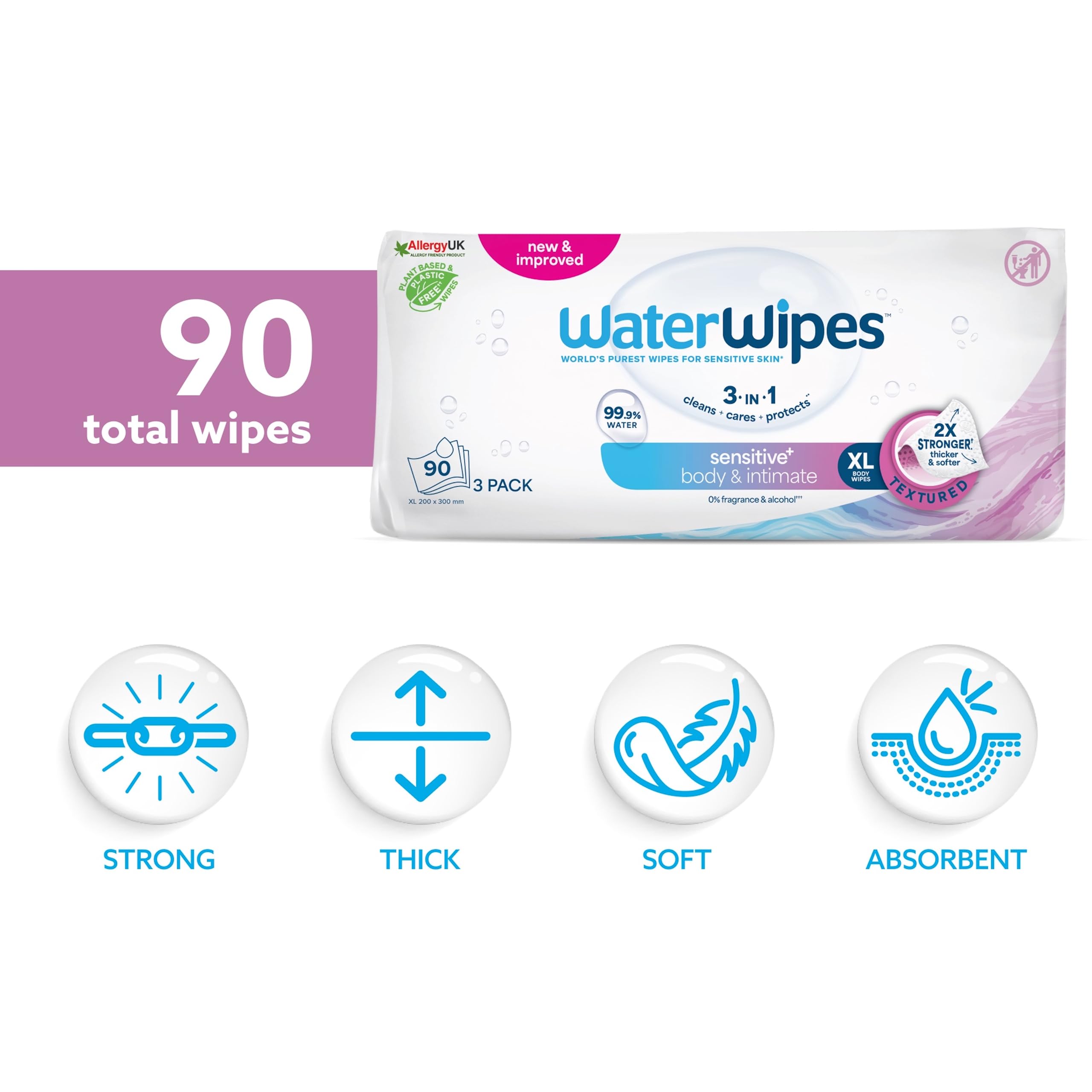 WaterWipes Sensitive+ Body & Intimate Wipes, 90 Wipes (3 Packs) - 3-in-1 Cleansing, Plastic-Free*, Plant-Based Wipes 7