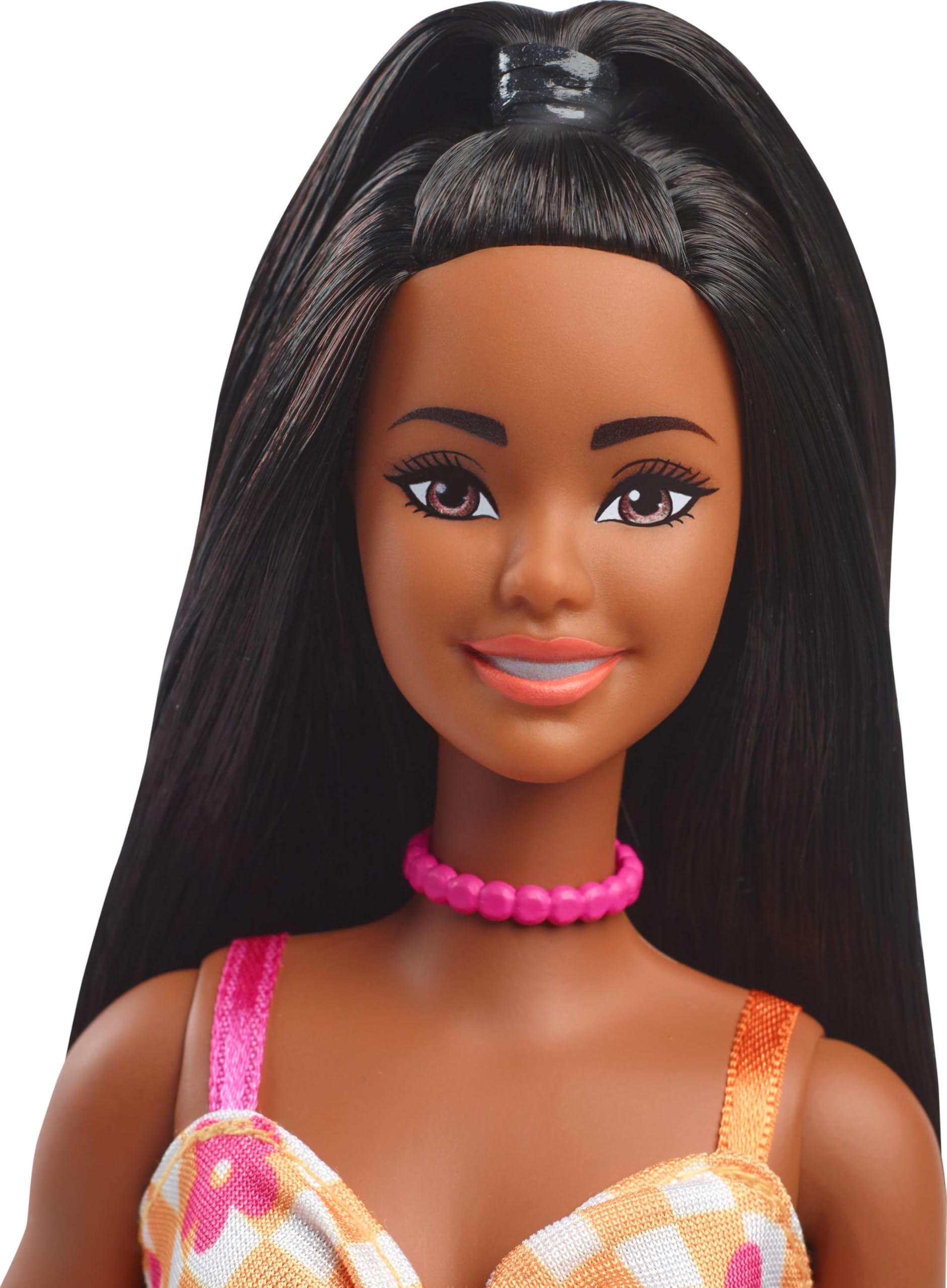 Barbie Fashionistas Doll #233 - Black Hair, Checkered Orange & White Dress 4