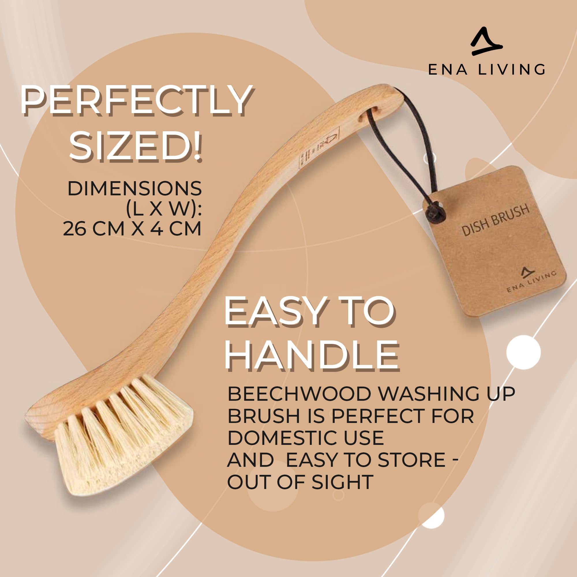 ENA Living Wooden Dish Brush (26x4 cm) | FSC-Certified Beechwood with Horsehair Bristles 6