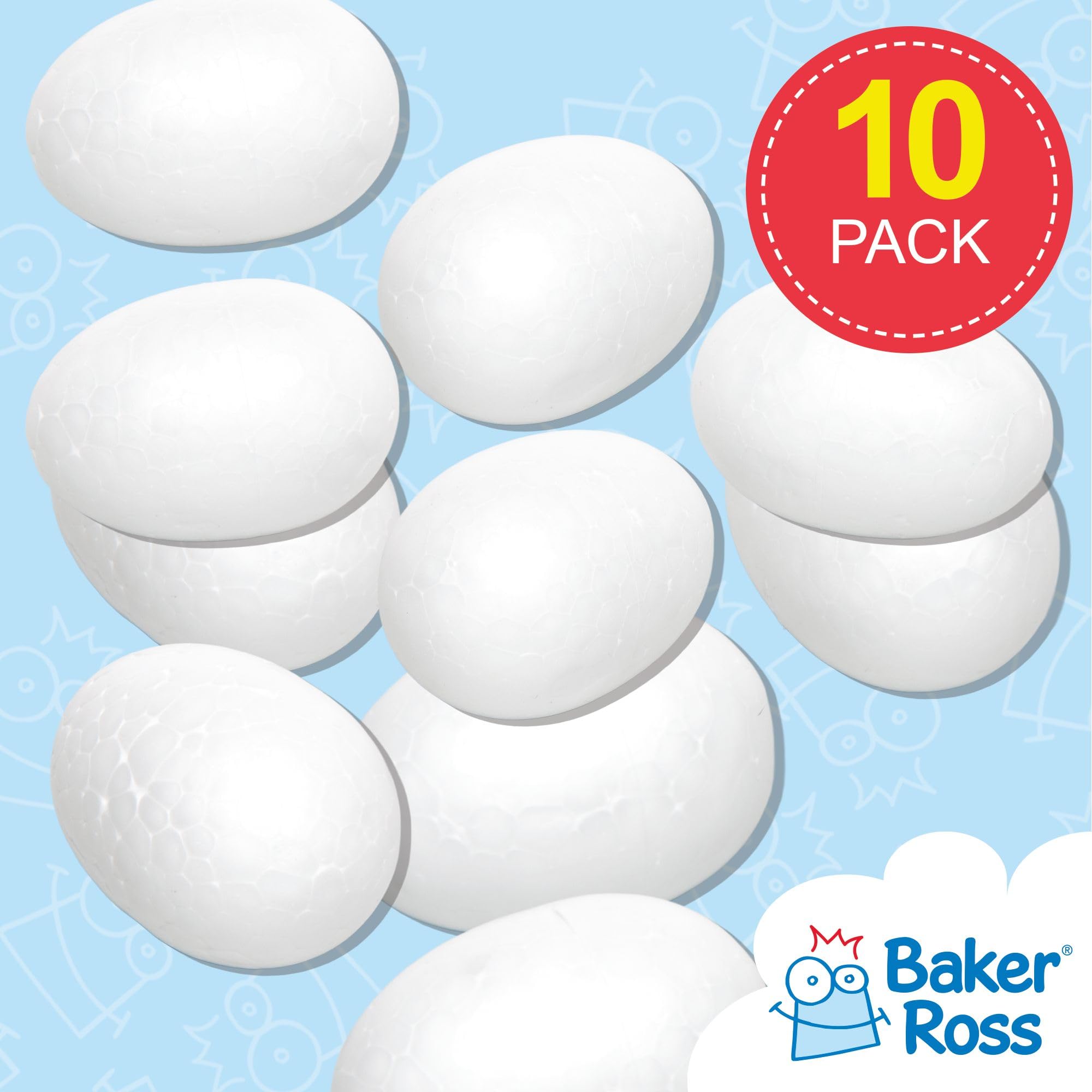 Baker Ross Polystyrene Eggs - Pack of 10, 7cm White Craft Eggs
