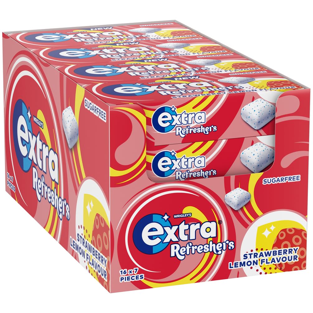 Extra - Refreshers Sugar Free Chewing Gum, Strawberry Lemon Flavour, 16 Packs (112 Pieces)