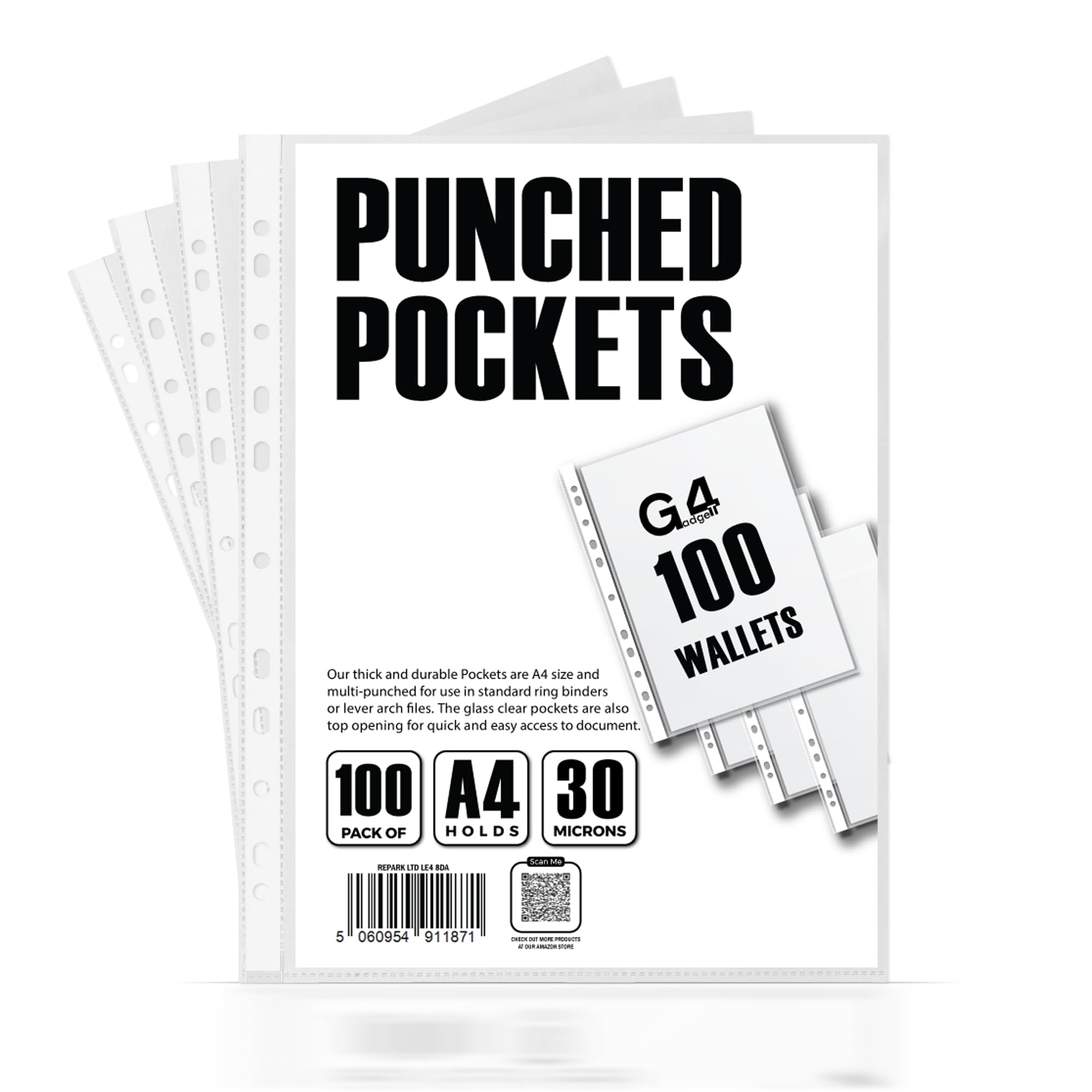 G4GADGET 100 Pcs A4 Plastic Punched Pockets - 30 Micron Clear Textured Finish for Filing