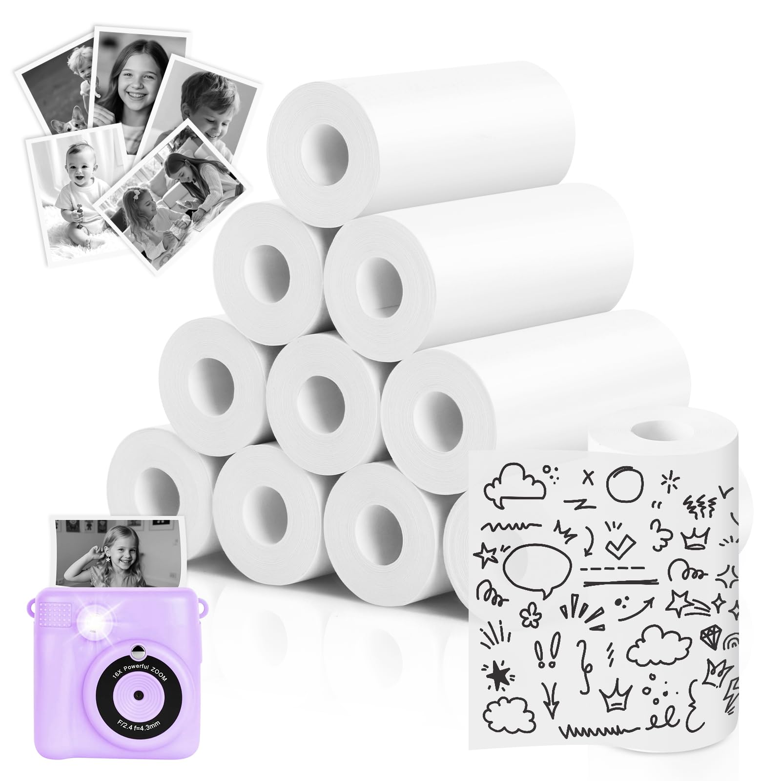 MOXYOY Kids Camera Paper Roll - 10 Rolls Thermal Print Paper | 57x25mm Coreless | BPA-Free
