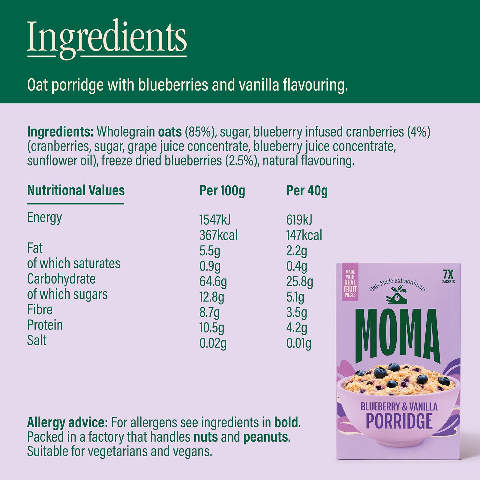 MOMA Blueberry & Vanilla Porridge Sachets - 7 x 40g - Made with British Oats 5