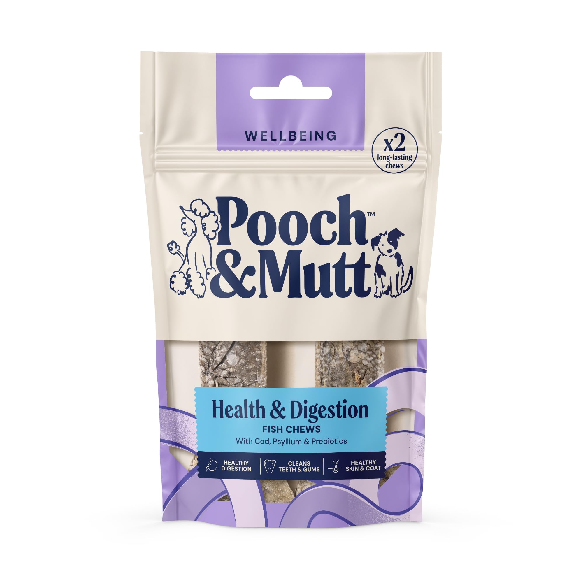 Pooch & Mutt Digestive Support Fish Chews - Long Lasting Cod Skin Sticks for Adult Dogs | 90g Pouch