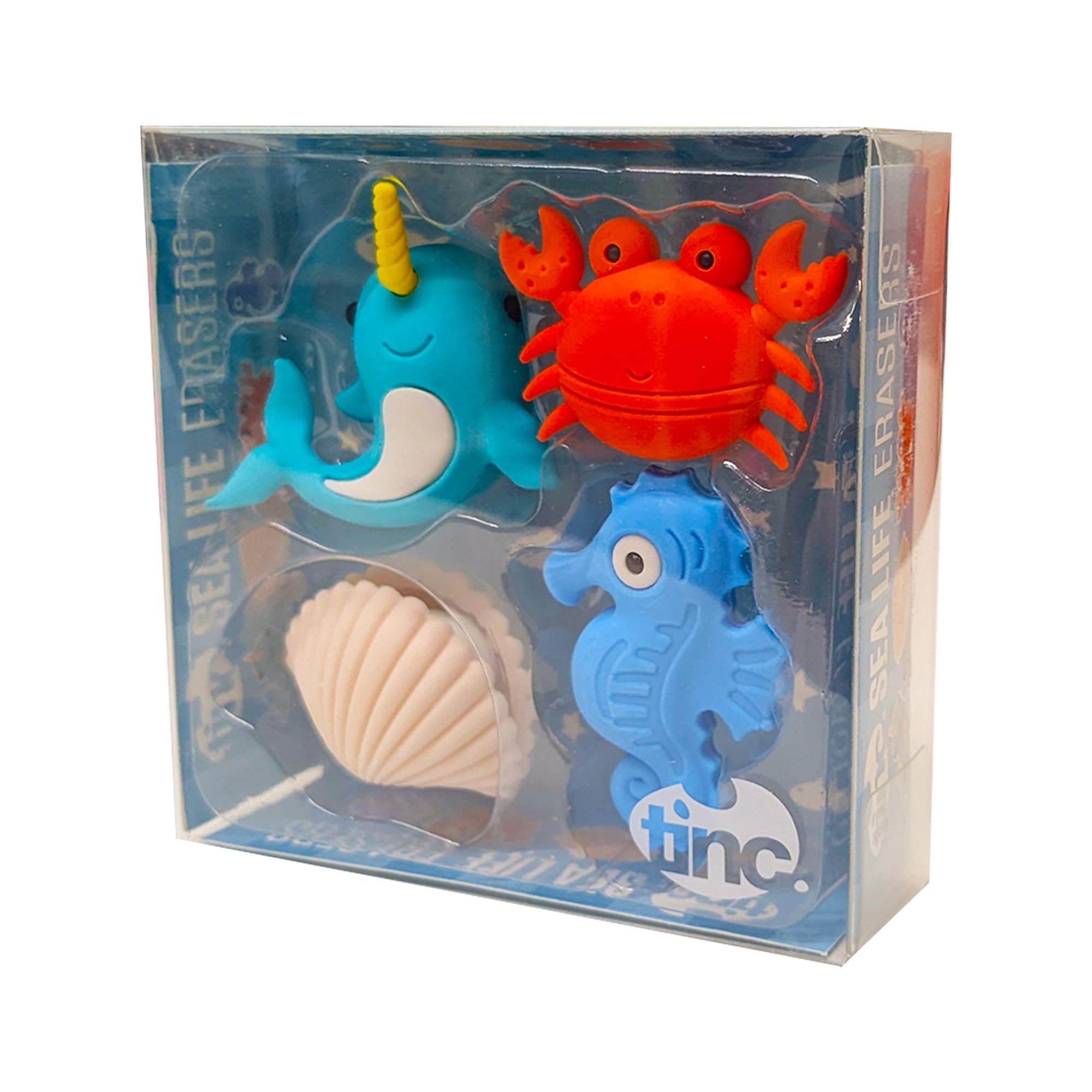 Tinc Sealife Erasers Collection Pack - Narwhal, Crab, Clam & Pearl, Seahorse Pencil Erasers