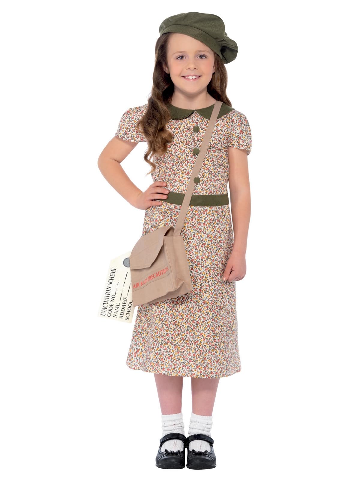 Smiffys Evacuee Girl Costume - 1940s Patterned Dress with Satchel, ID Tag & Beret, Ages 10-12