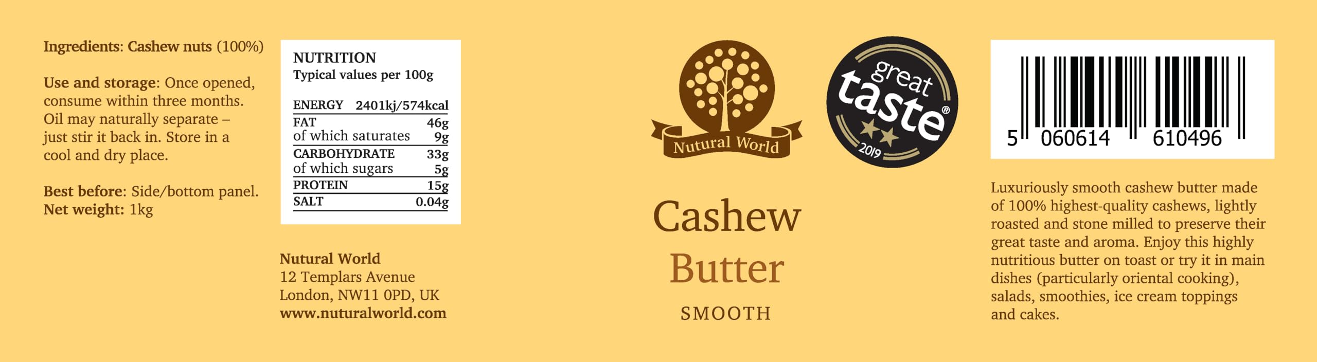 Nutural World - Smooth Cashew Nut Butter (1kg) - Great Taste Award Winner