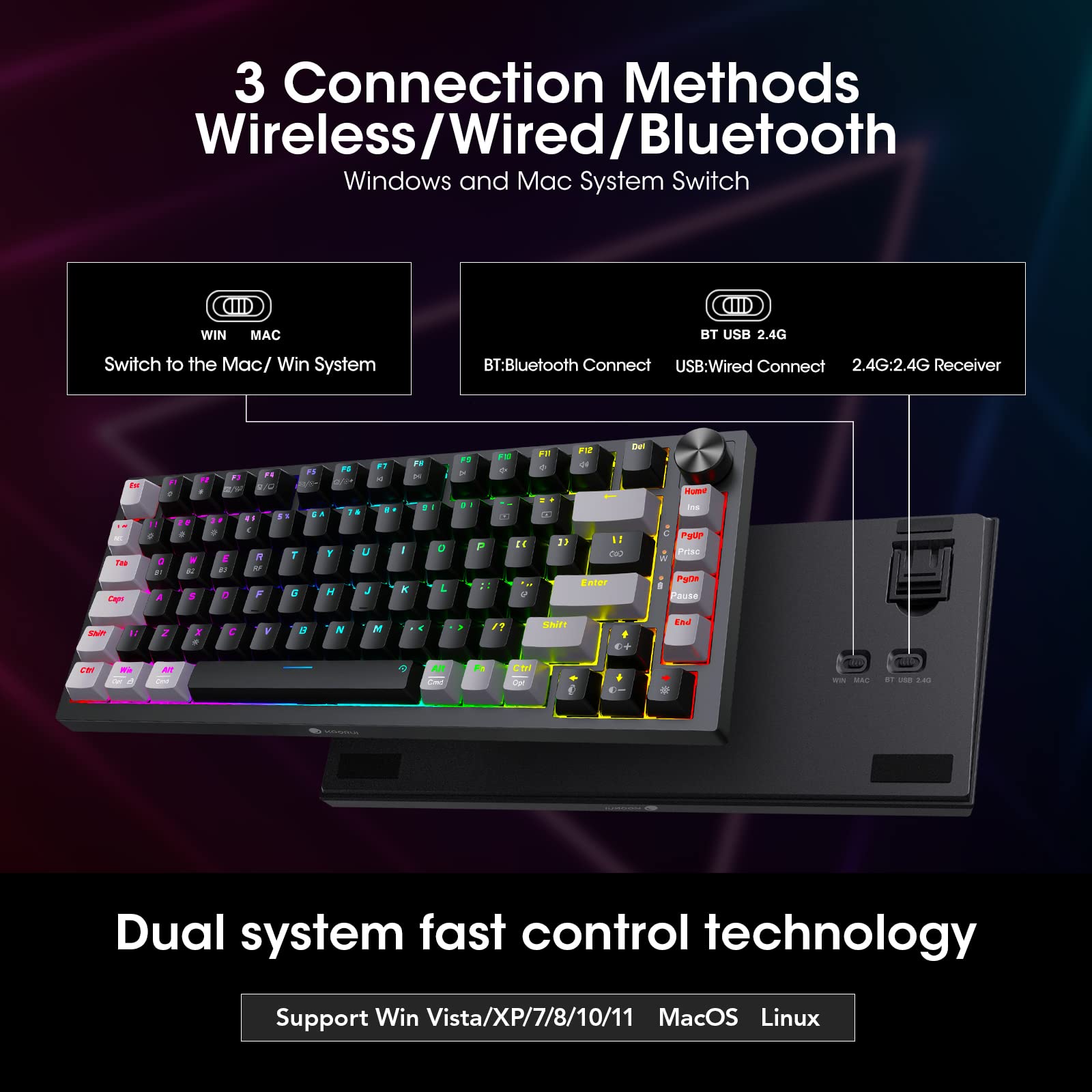 KOORUI MK082 82-Key Mechanical Gaming Keyboard - RGB Backlit, Wireless/Wired, Red Switch 6