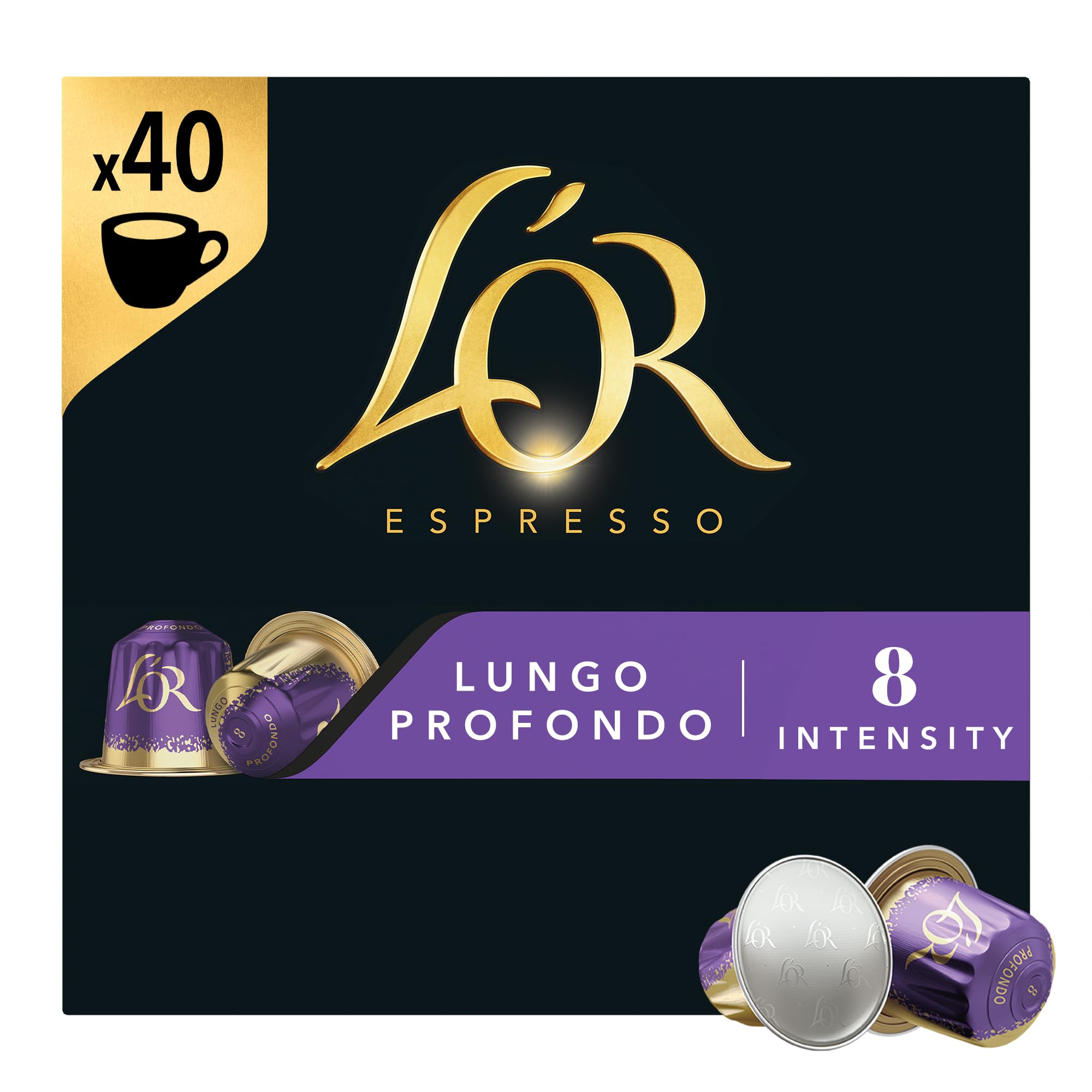 L'OR Espresso Lungo Profondo Coffee Pods x40 Intensity 8 - Aluminum Capsules for Nespresso & L'OR Barista Machines