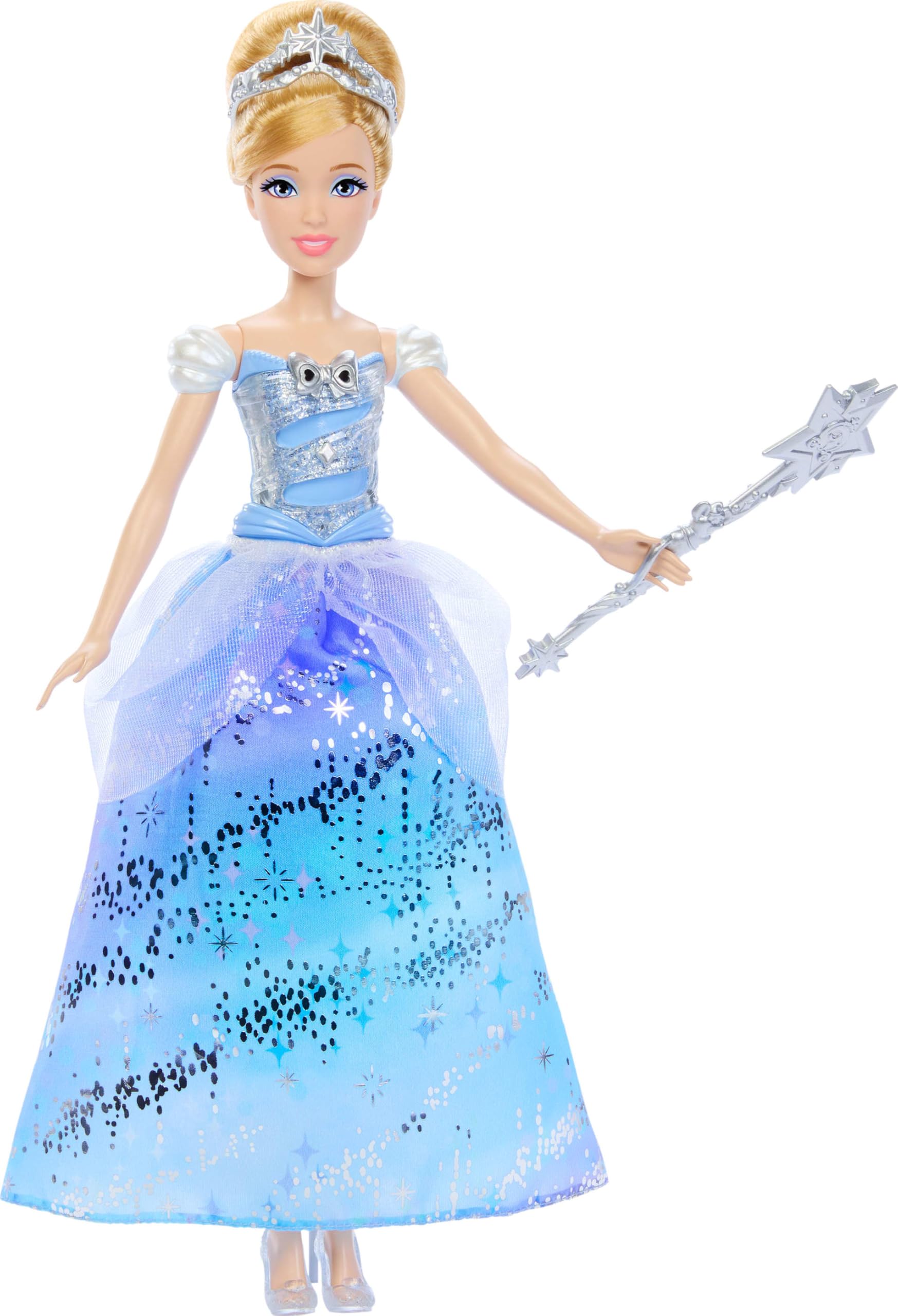 Mattel Disney Princess Cinderella Light-Up Dress Fashion Doll with Sounds & Wand - Blue