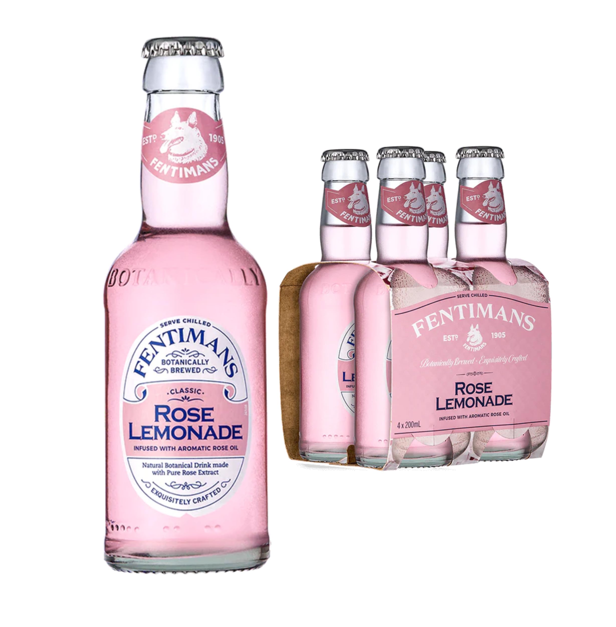 Fentimans Rose Lemonade - Botanically Brewed Sparkling Lemonade with Bulgarian Rose Oil & Lemon Juice (4 x 200ml Glass Bottles) 1