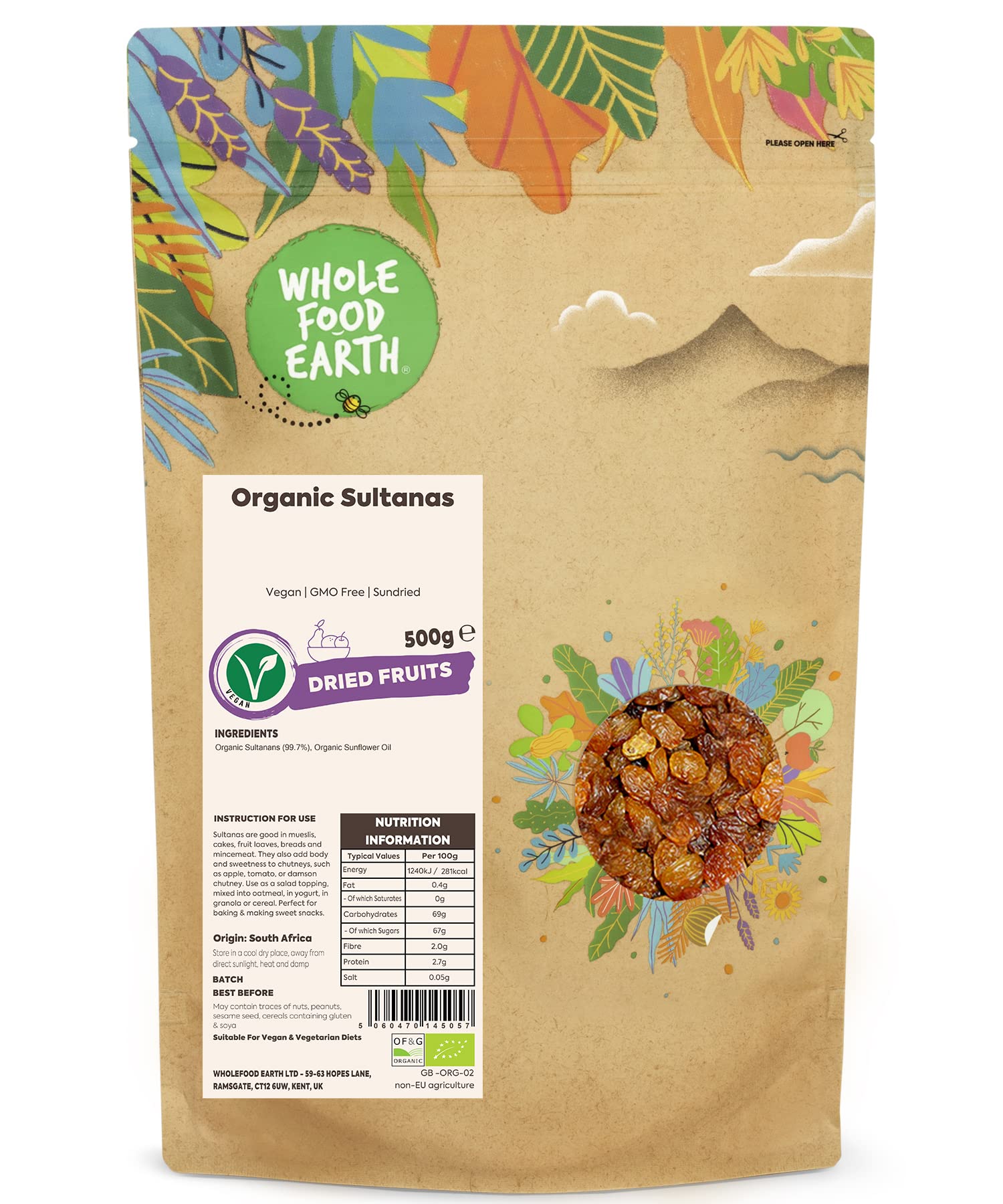 Wholefood Earth Organic Sultanas - Vegan, GMO Free, Sundried | 500 g