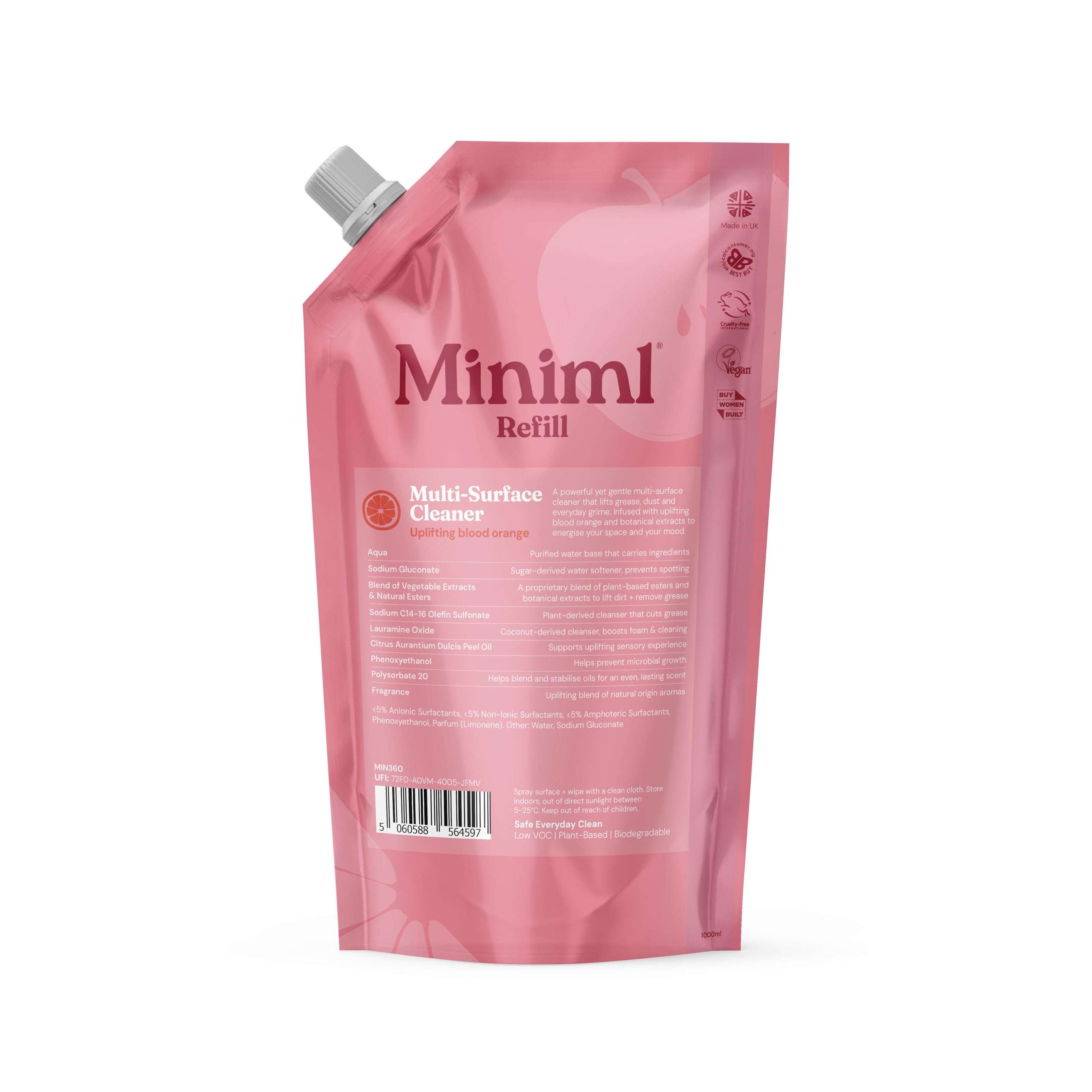 Miniml Eco Multi Surface Cleaner - Plant Powered, Blood Orange Scent | 1L Refill