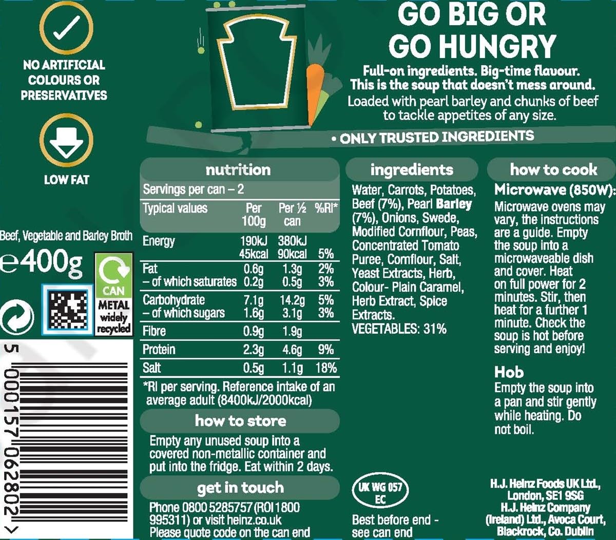 HEINZ Big Soup Beef Broth Soup - Low Fat | 400g Can