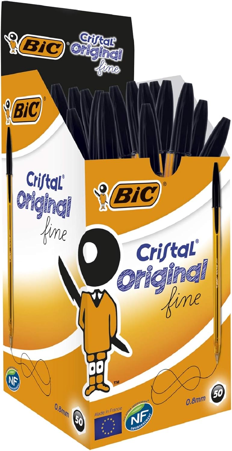 BIC Cristal Original Ballpoint Pens, Every-Day Biro Pens with Fine Point (0.8 mm), Black Ink, Pack of 50 1