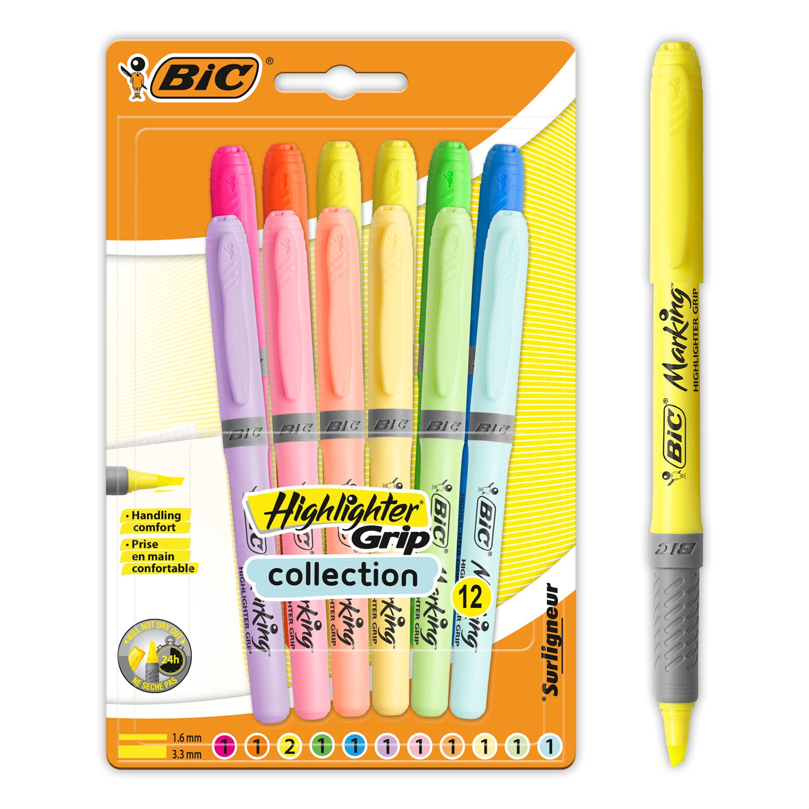 BIC Highlighter Grip Markers - Pack of 12 Assorted Intense & Pastel Colours | Ribbed Rubber Grip | Water-Based Ink