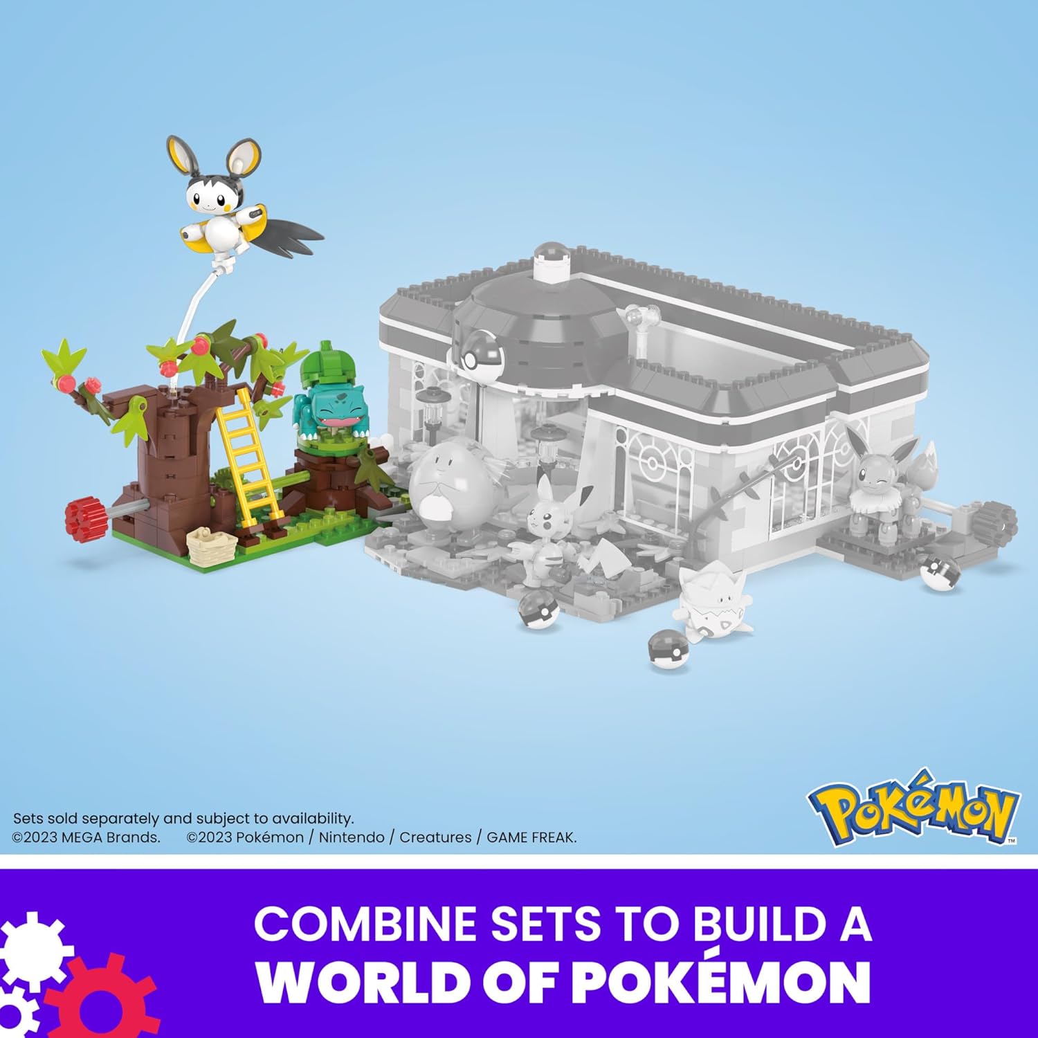 MEGA Pokémon Action Figure Building Toys - Emolga & Bulbasaur's Charming Woods with Motion Brick