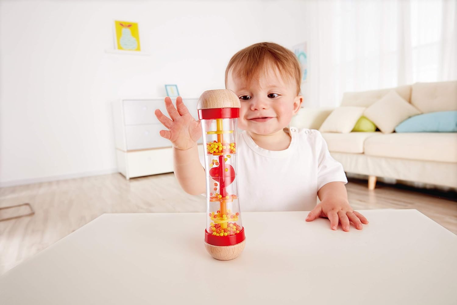 Hape Beaded Raindrops | Mini Wooden Musical Shake & Rattle Rainmaker Toy, Red 3