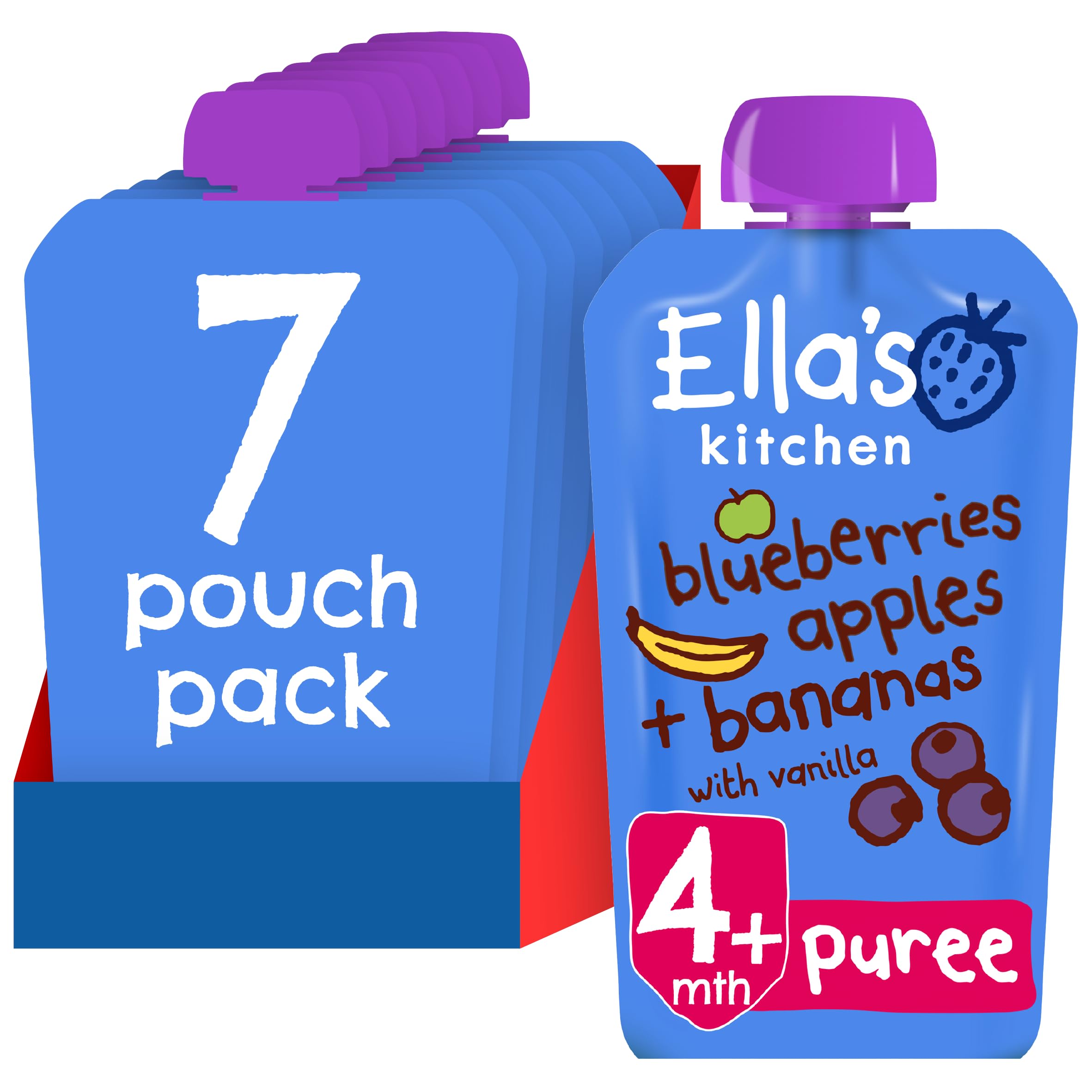 Ella's Kitchen Stage 1 Organic Fruit Puree: Apple, Banana, Blueberry & Vanilla | 120g Pouch (7 Pack)
